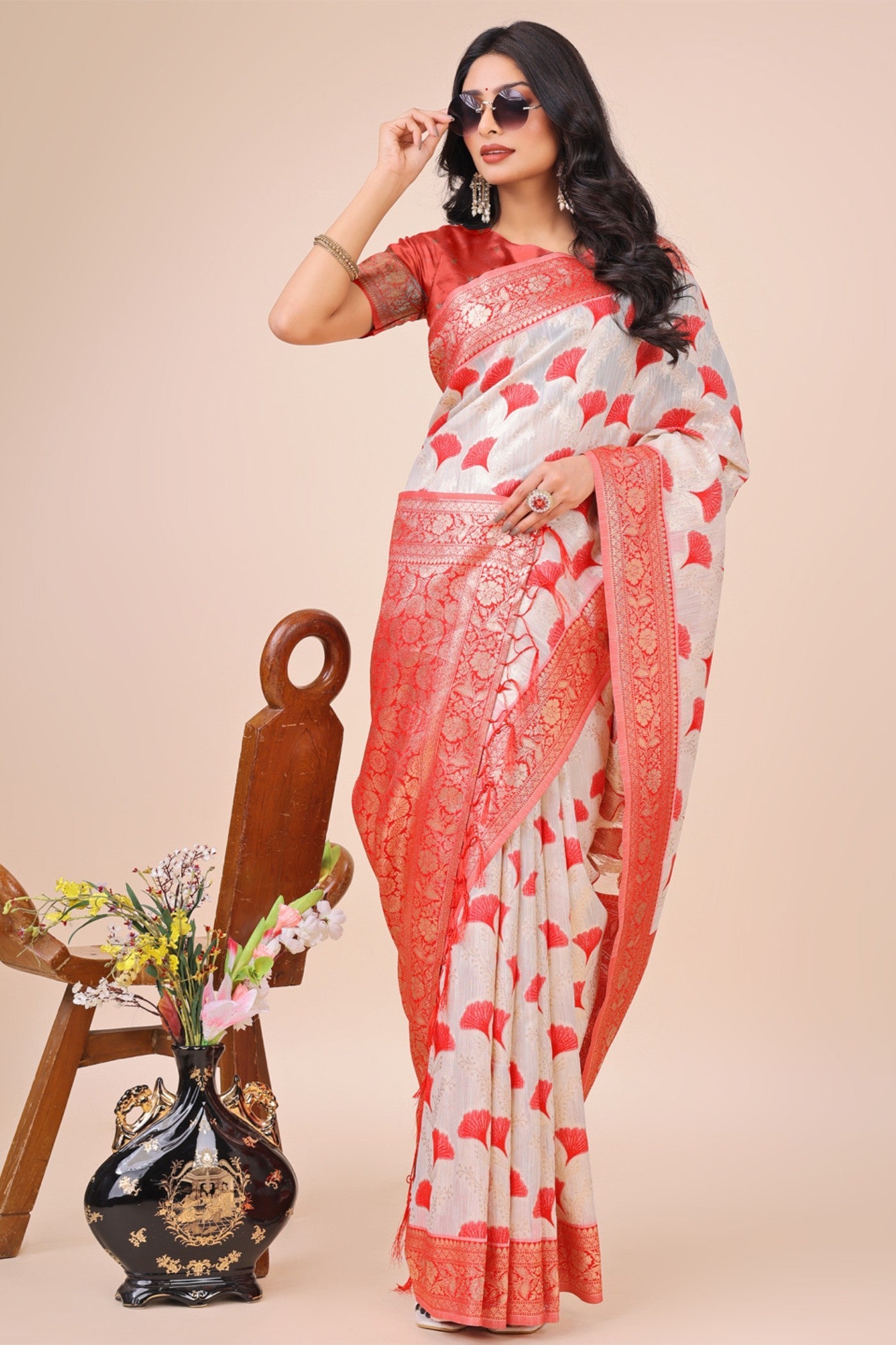 Lace White and Red Linen Cotton Saree