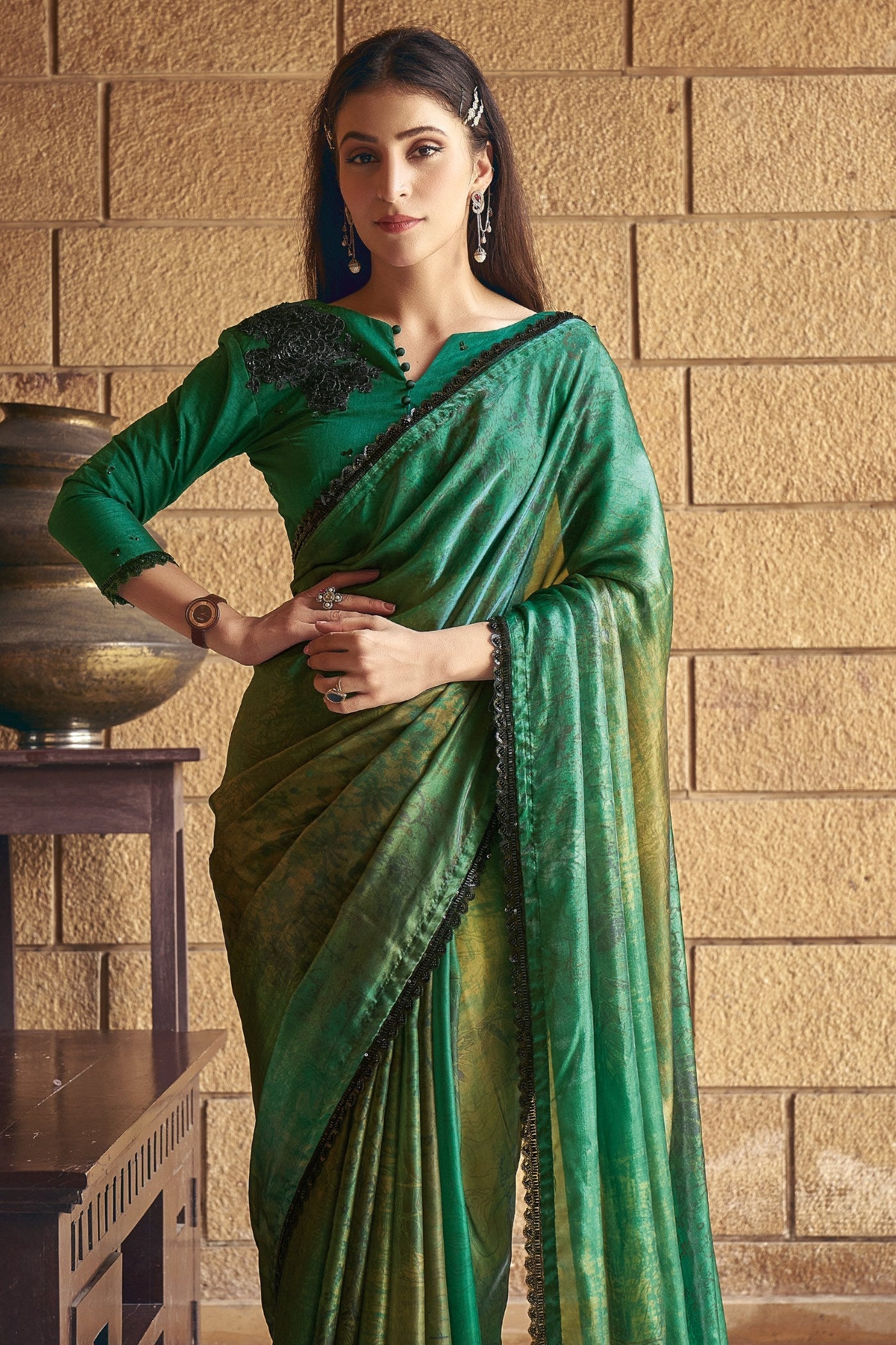 Amazon Green Satin Printed Silk Saree