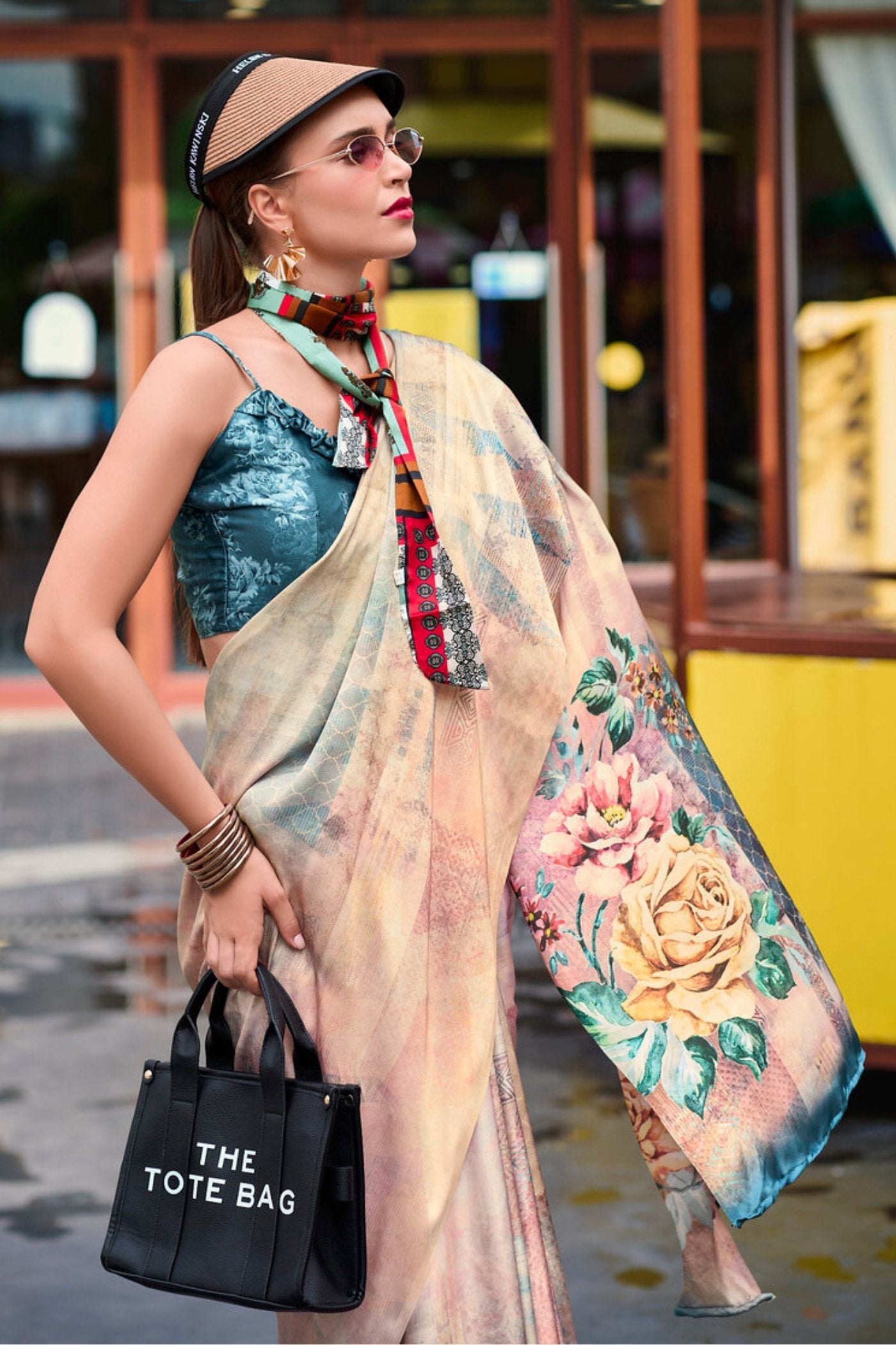 Almond Cream Printed Satin Crepe Silk Saree