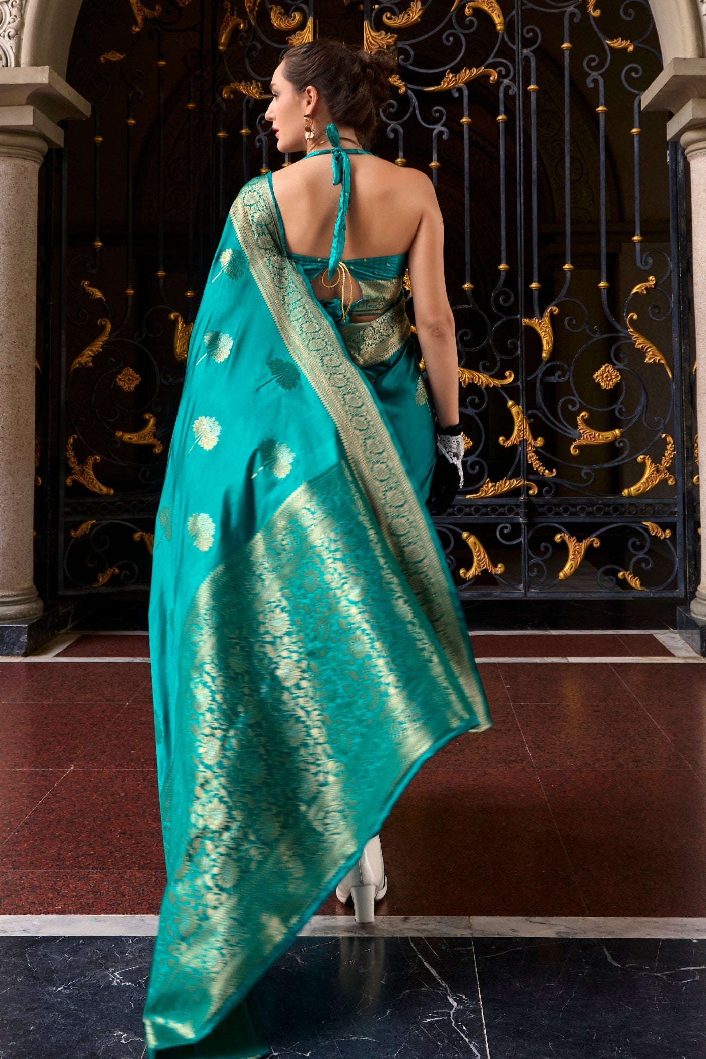 Olumpic Blue Handloom Satin Silk Saree