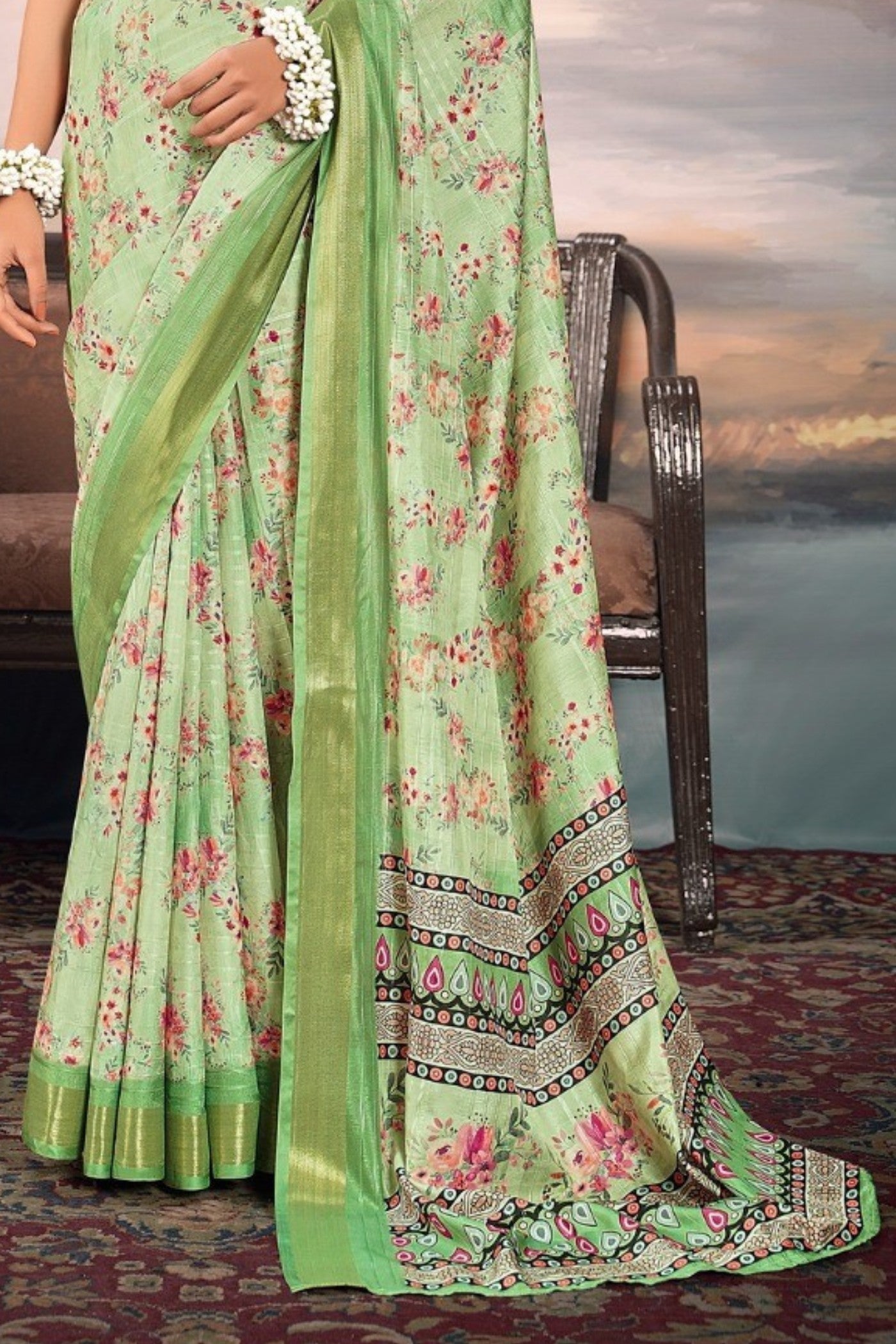 Gurkha Green Digital Printed Cotton Saree