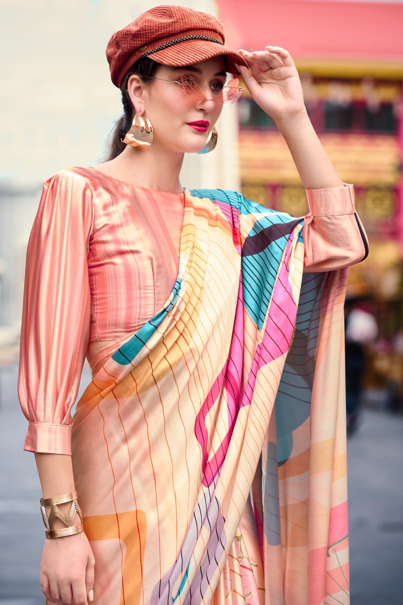 Chardonnay Orange Printed Satin Crepe Silk Saree