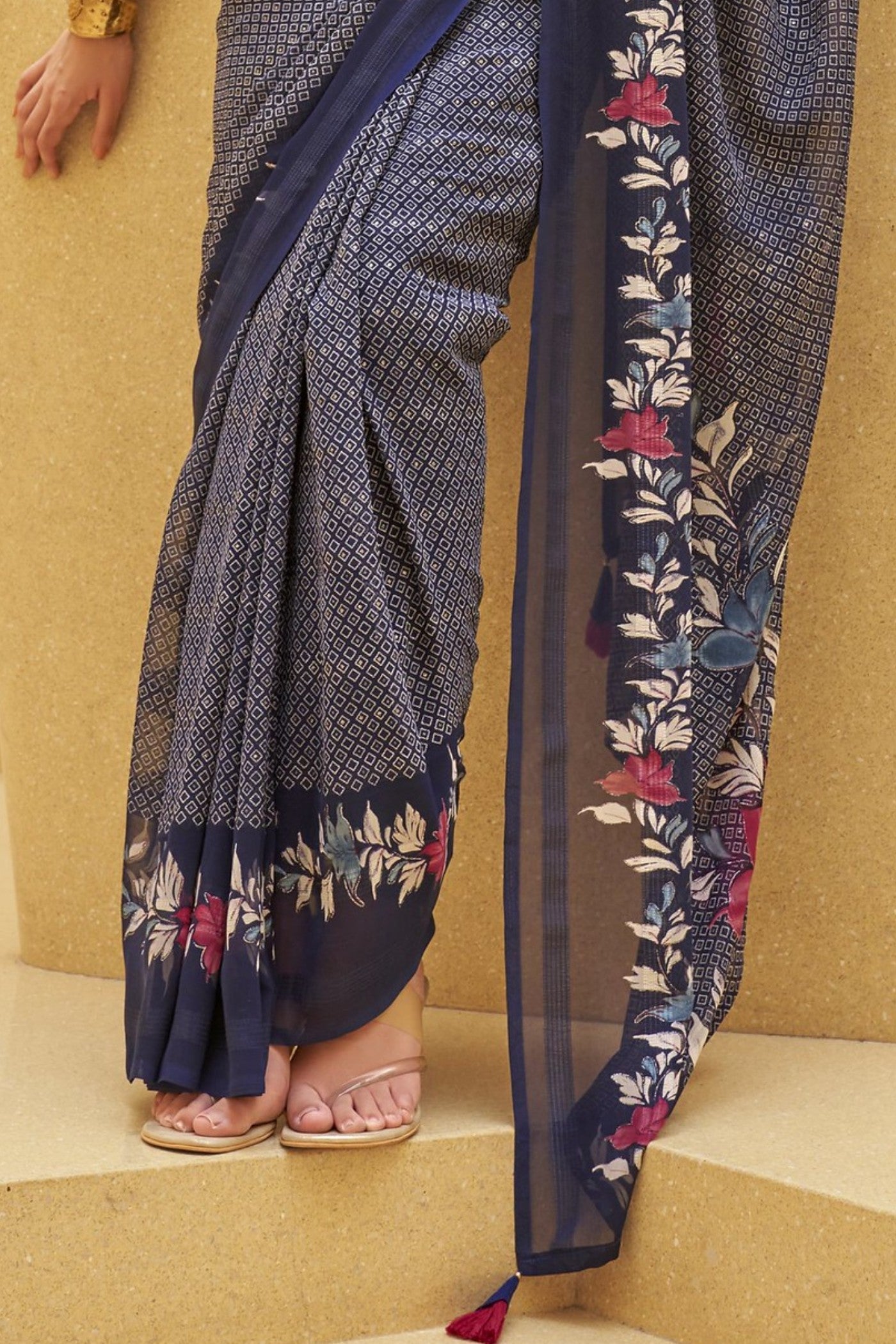 Mulled Blue Georgette Printed Saree