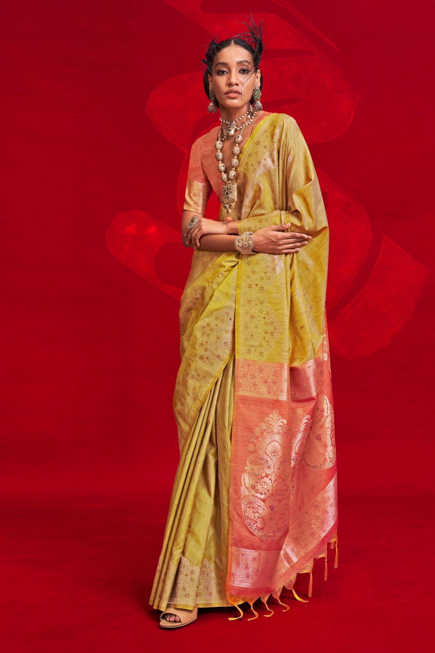 Luxor Gold Yellow Tussar Handloom Silk Saree