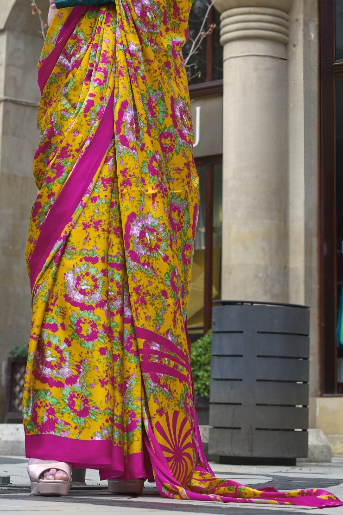 Dijon Yellow and Pink Printed Satin Crepe Silk Saree