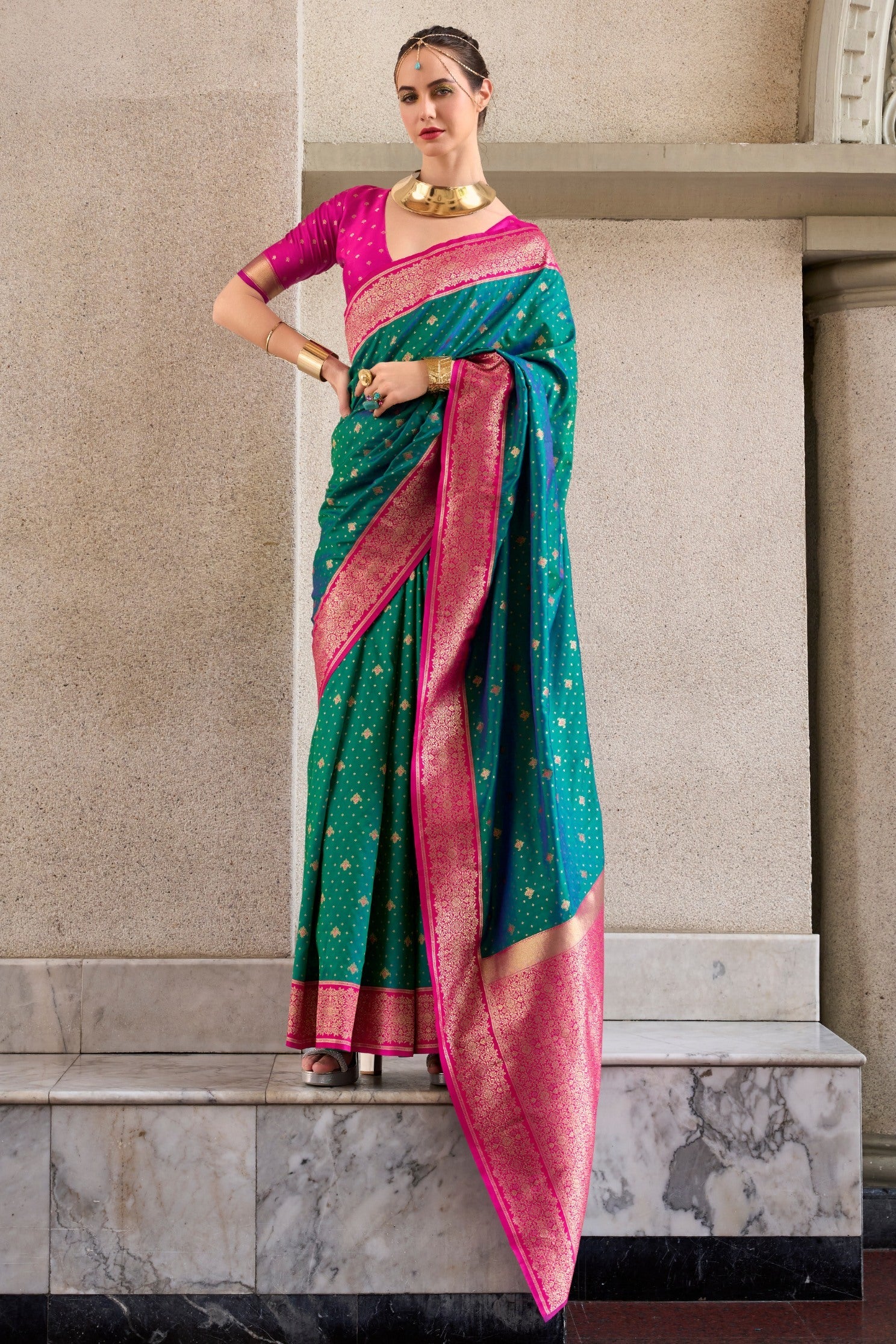 Plantation Green and Pink Zari Woven Banarasi Soft Silk Saree