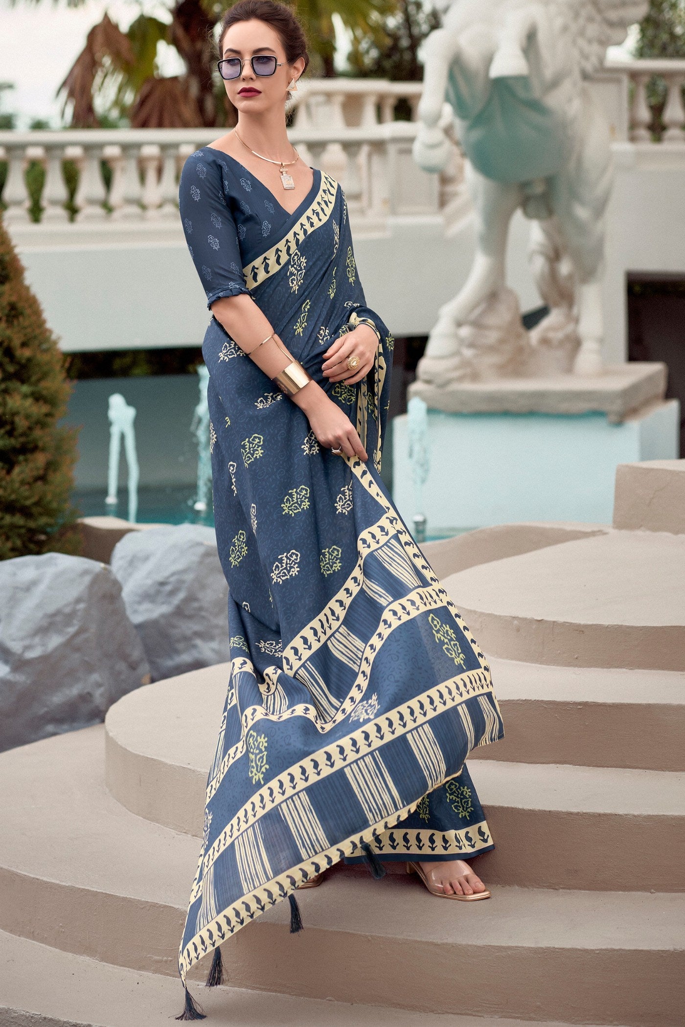 Fiord Blue Mul Mul Cotton Saree