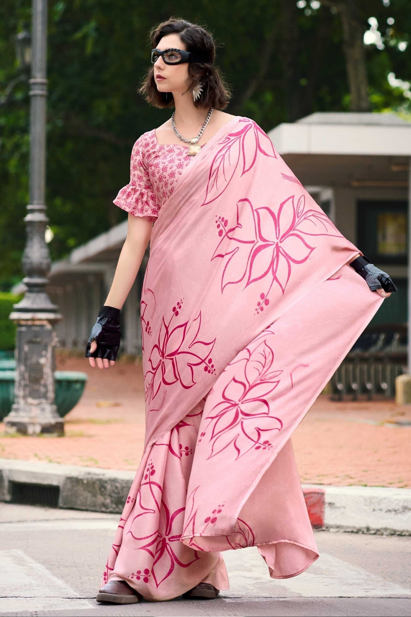 Baby Pink Printed Satin Crepe Saree