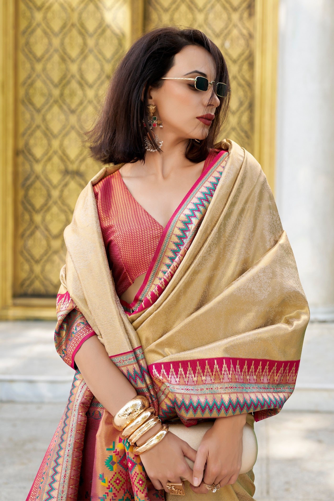 Fawn Cream Tissue Handloom Saree