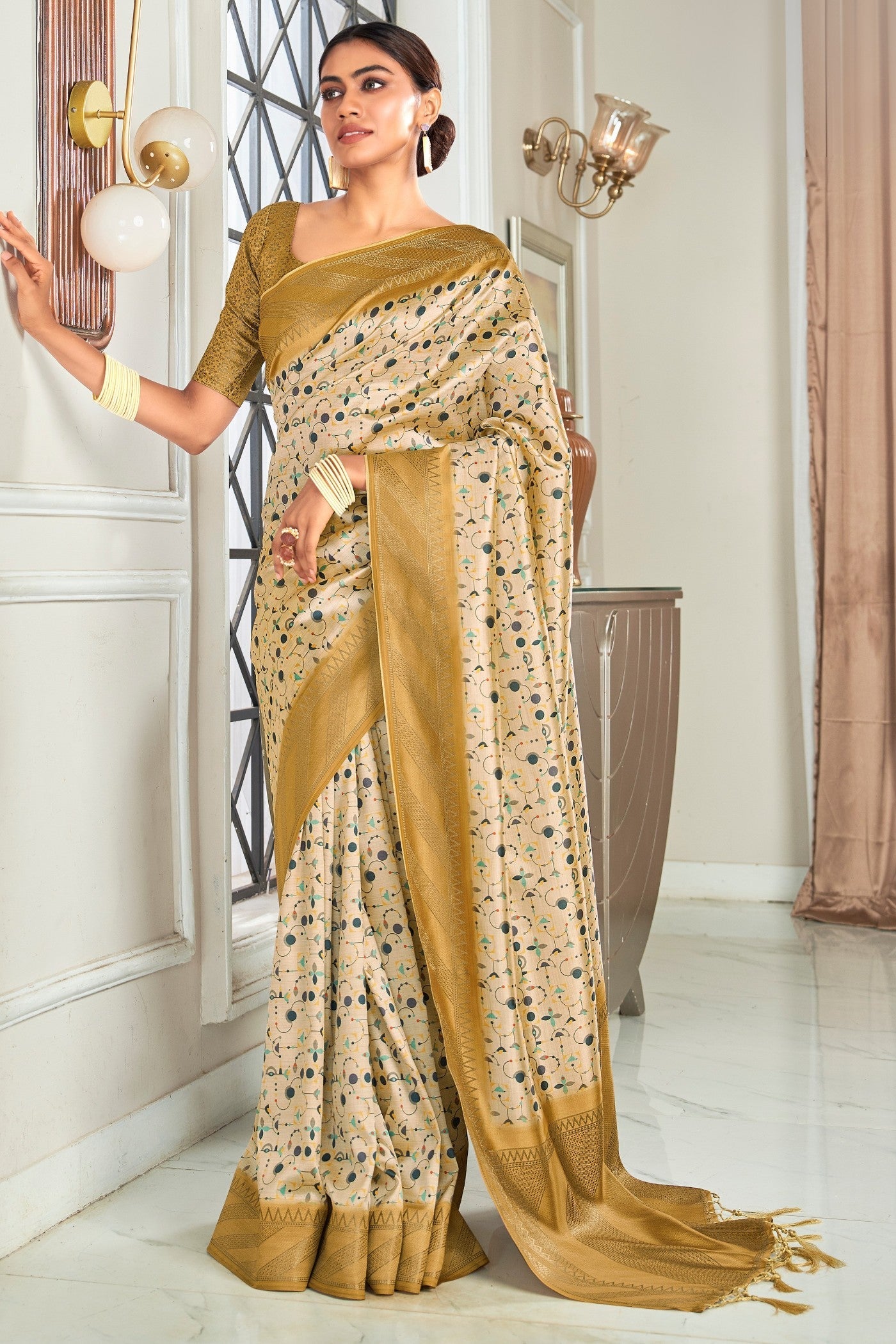 Twine Cream and Yellow Digital Printed Banarasi Saree