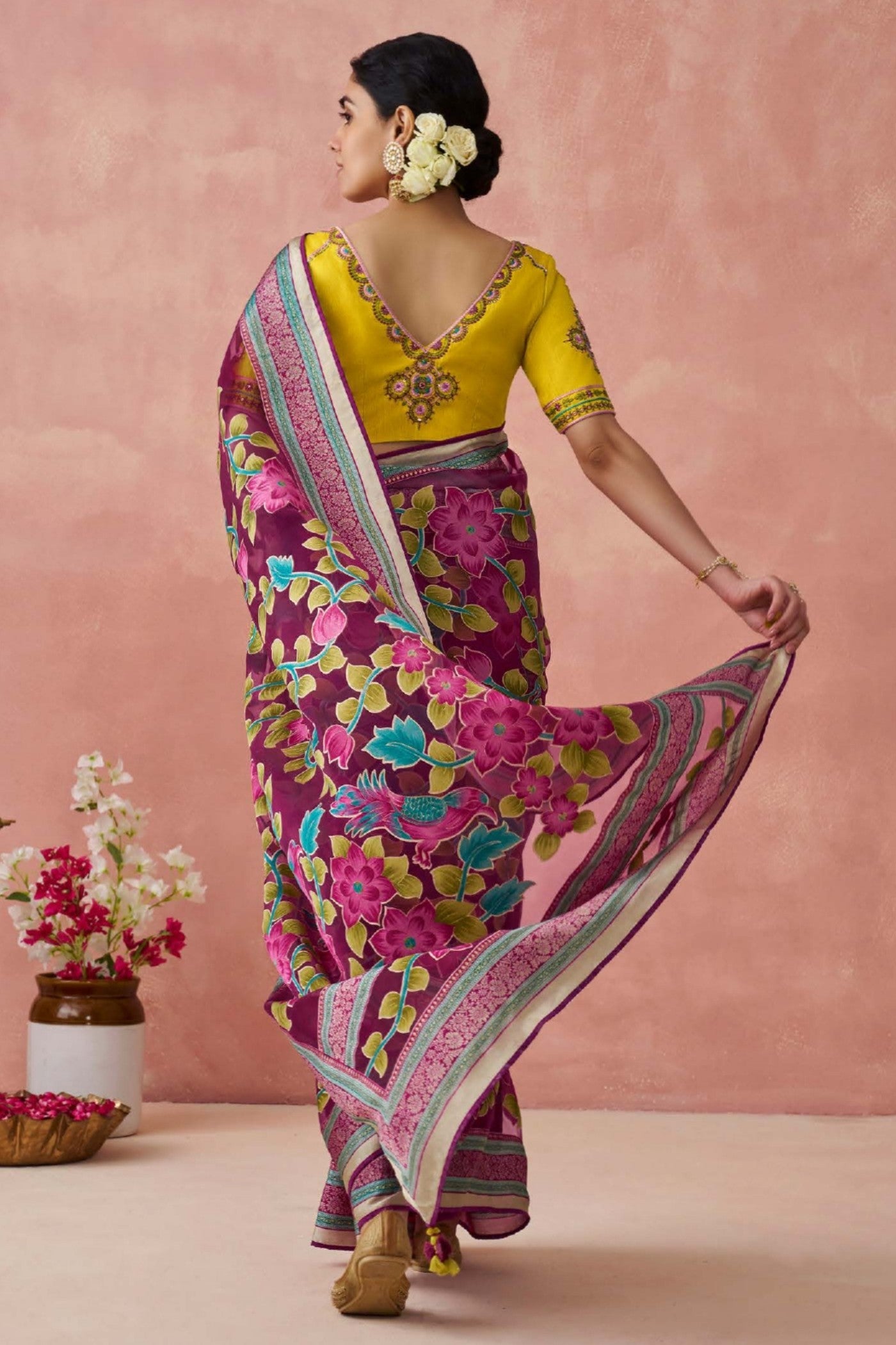 Heath Maroon Brasso Organza Printed Saree