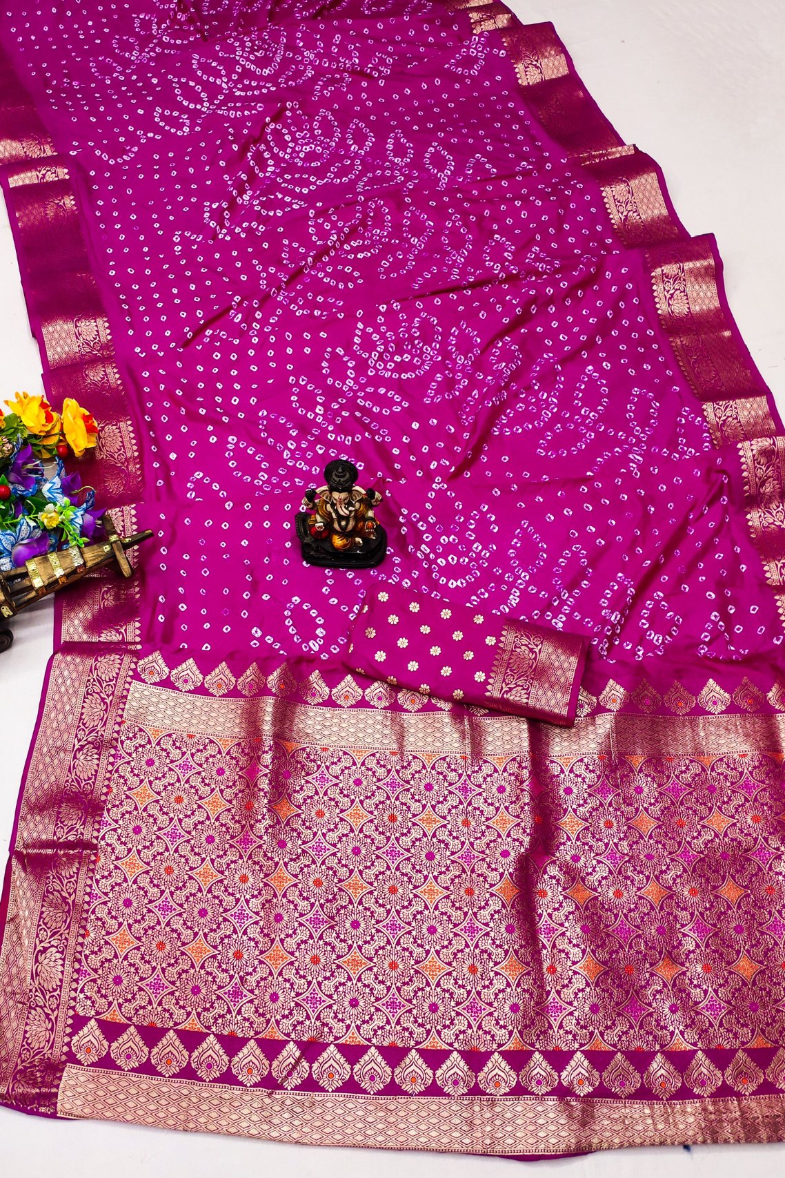 Cabaret Pink Woven Bandhani Dola Silk Saree