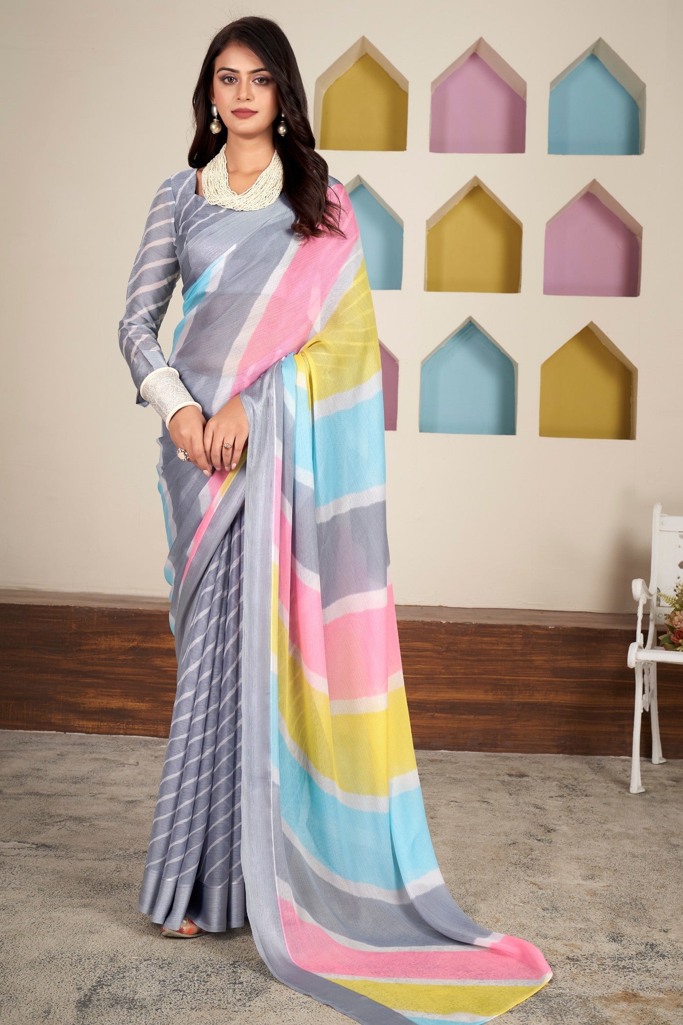 Shark Grey Printed Satin Silk Saree