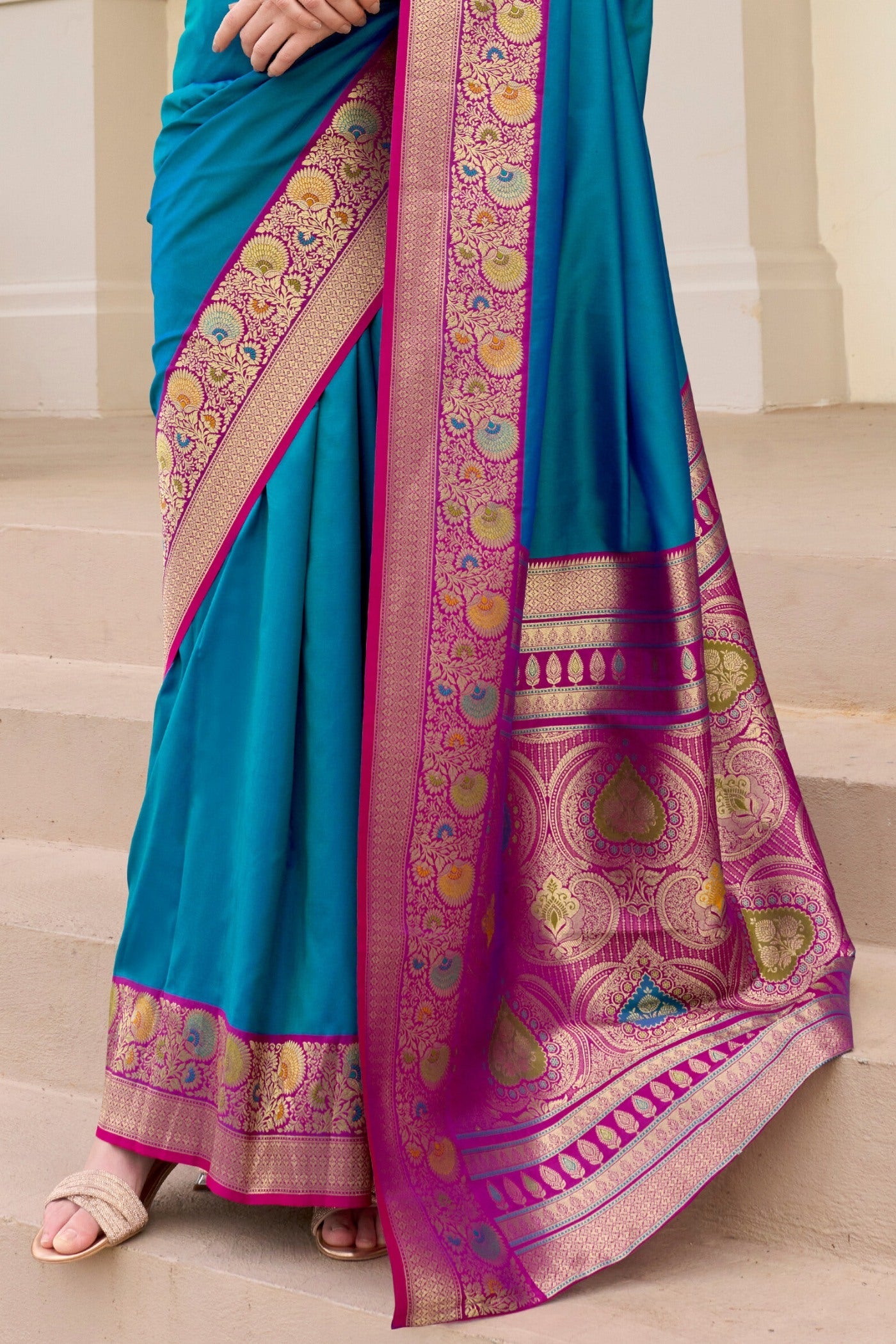 Bahama Blue Woven Banarasi Soft Silk Saree