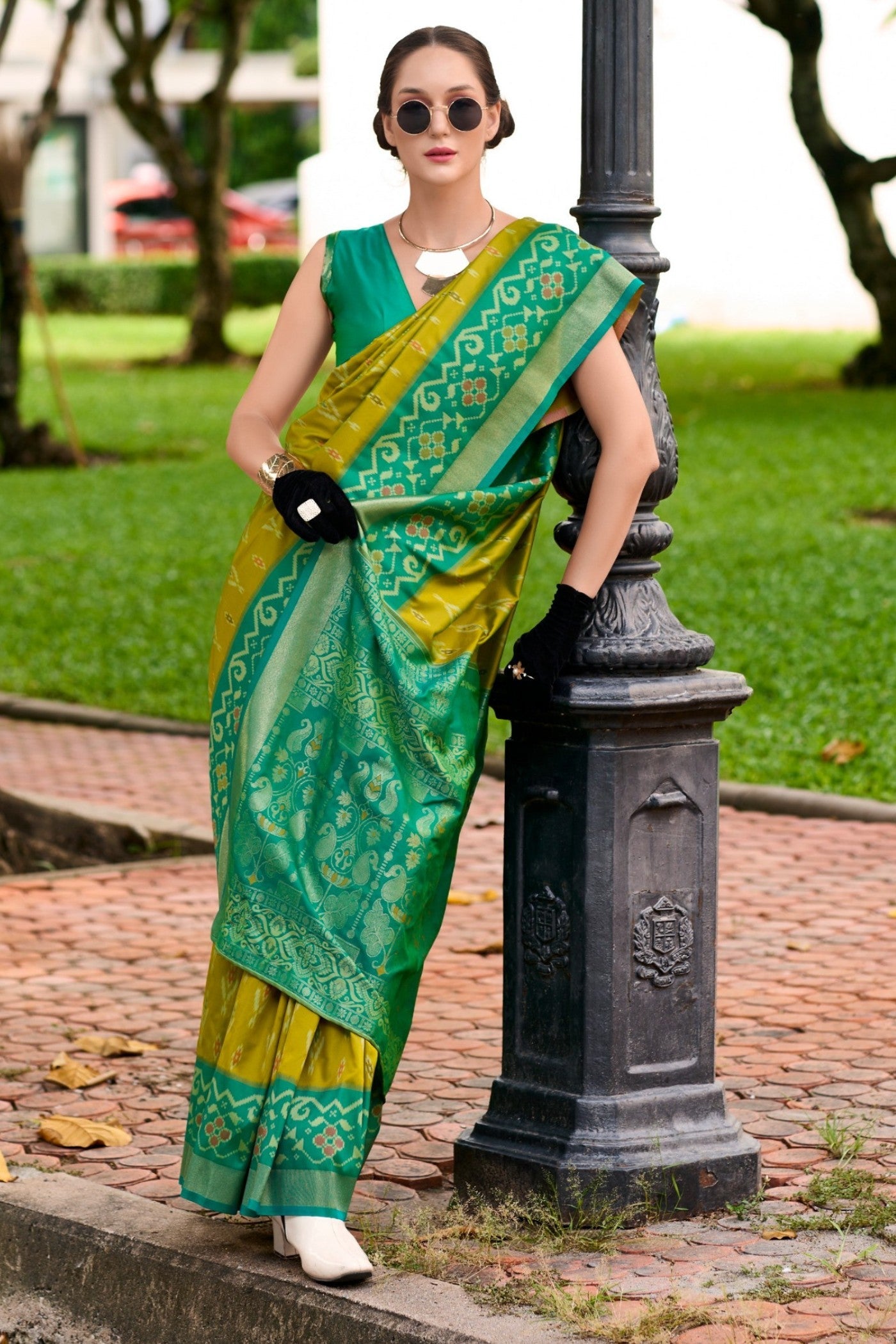 Alpine Green Woven Banarasi Soft Silk Saree