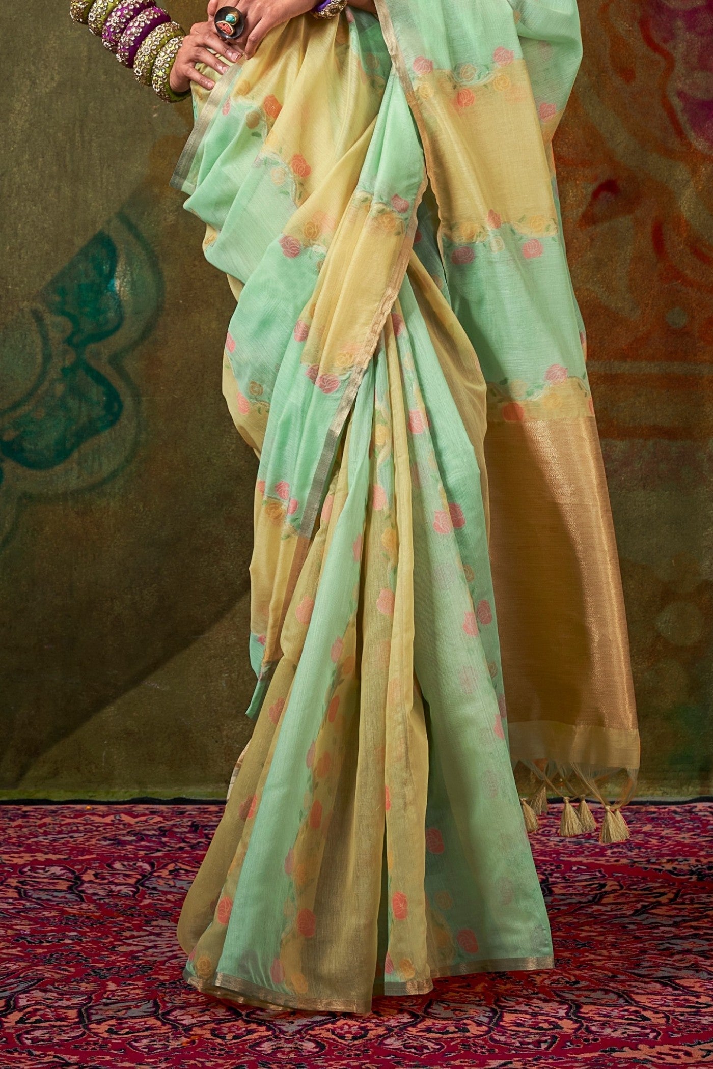 Hillary Green and Yellow Banarasi Handloom Saree