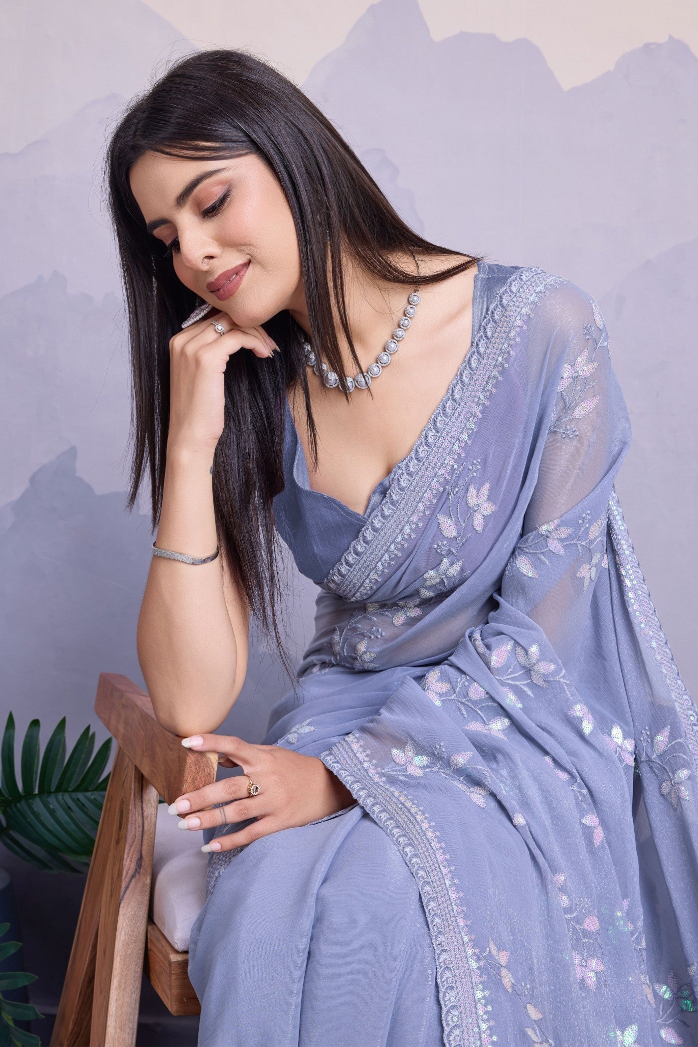 Columbia Blue Embroidered Designer Chiffon Saree