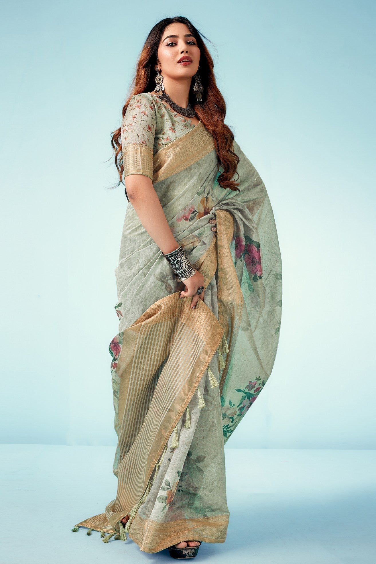 Tallow Green Floral Linen Saree