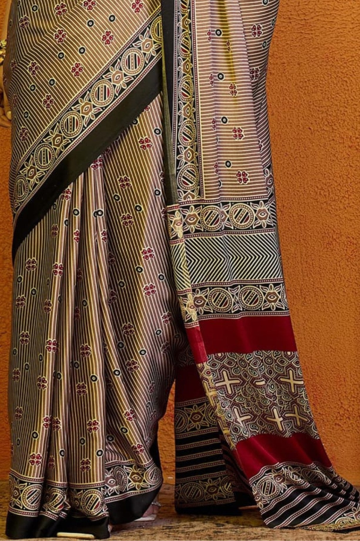 Americano Grey Printed Ajrakh Satin Crepe Saree