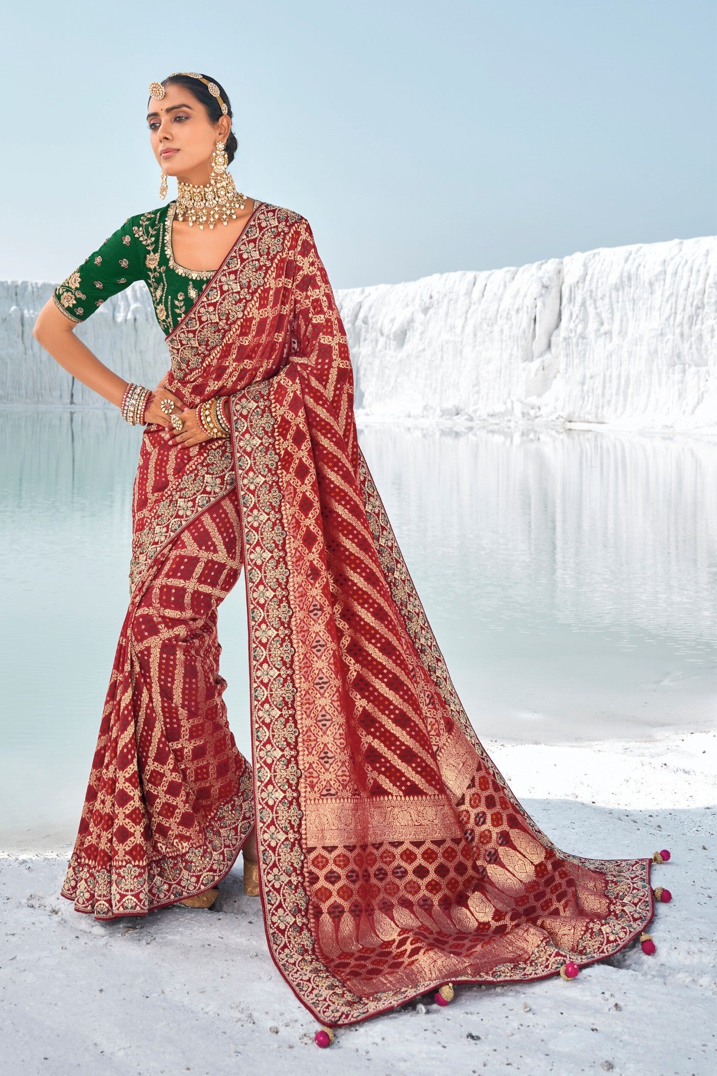 Hot Red Fire Georgette Patola Saree