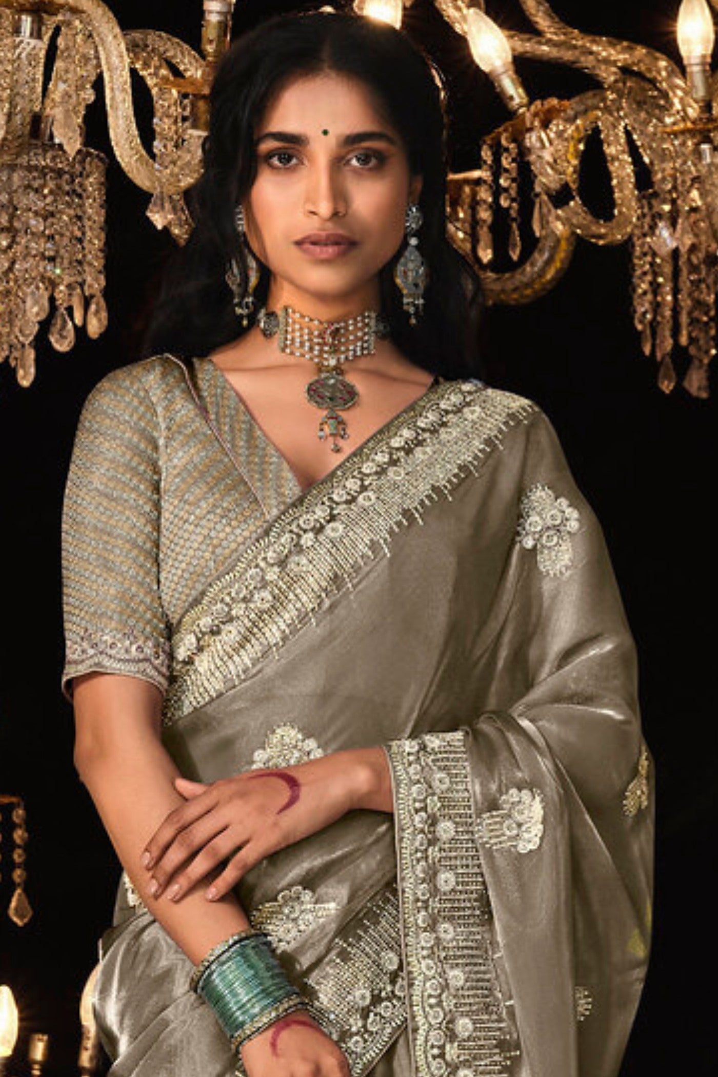 Gold Shade Brown Tissue Embroidered Designer Saree