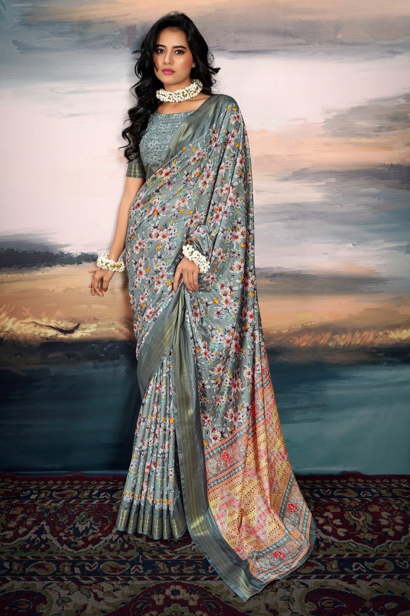 Pale Sky Grey Digital Printed Cotton Saree