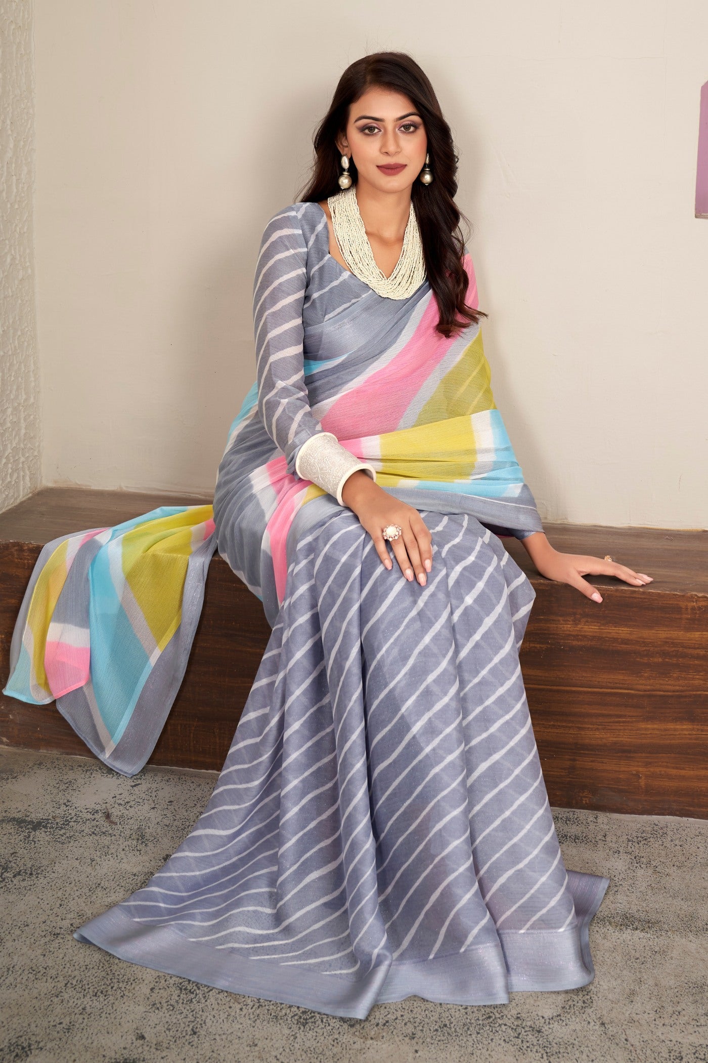 Shark Grey Printed Satin Silk Saree