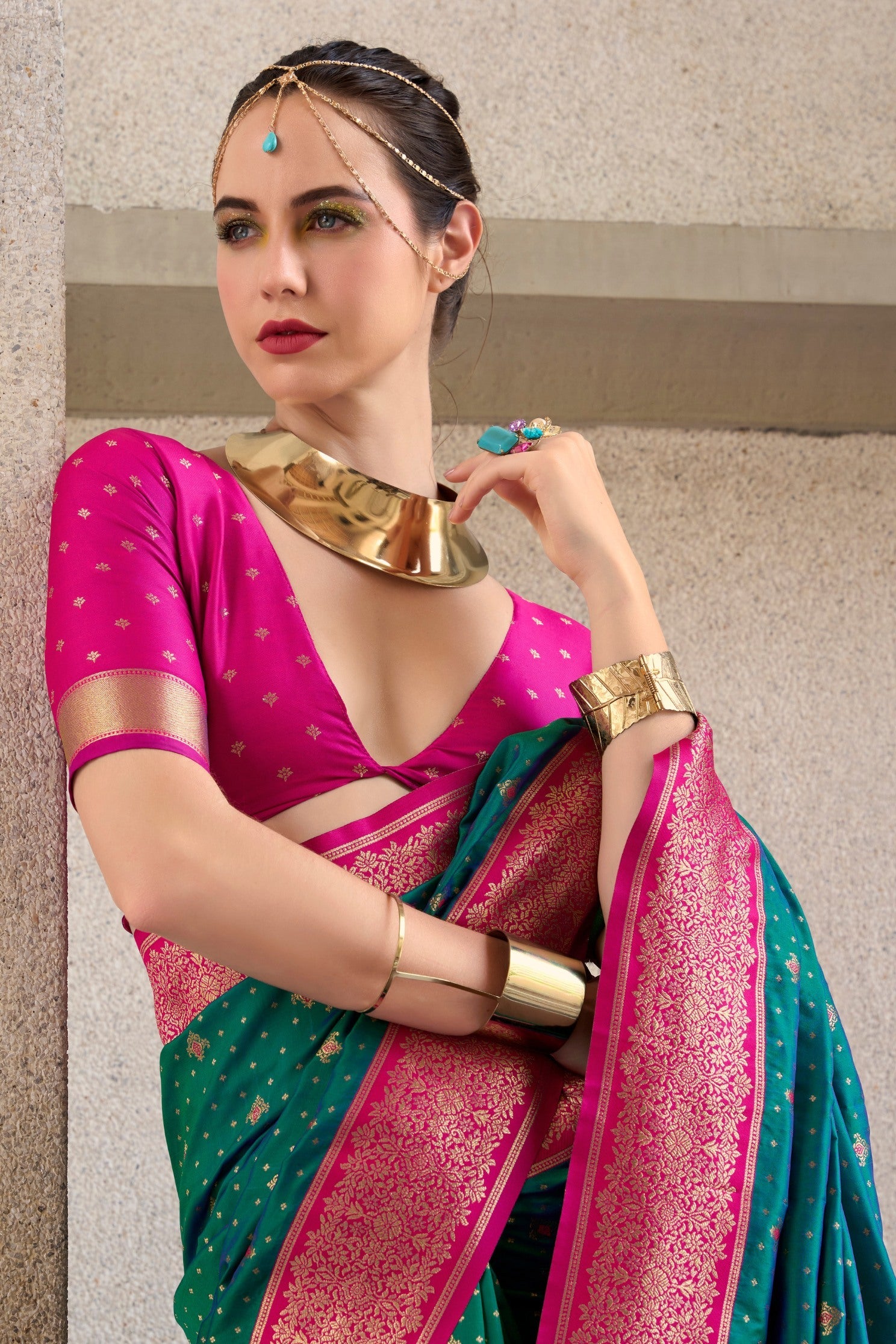 Plantation Green and Pink Zari Woven Banarasi Soft Silk Saree