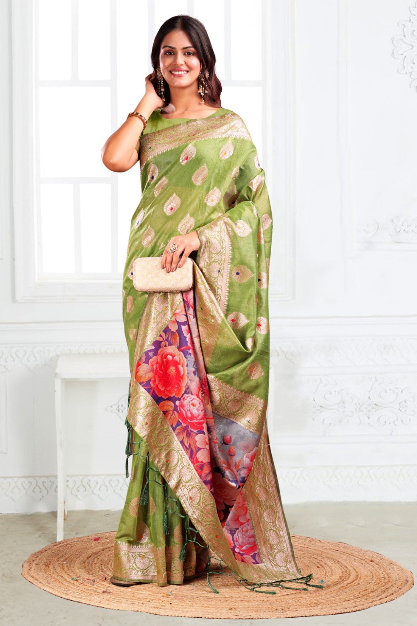 Lime Green Woven Linen Cotton Saree