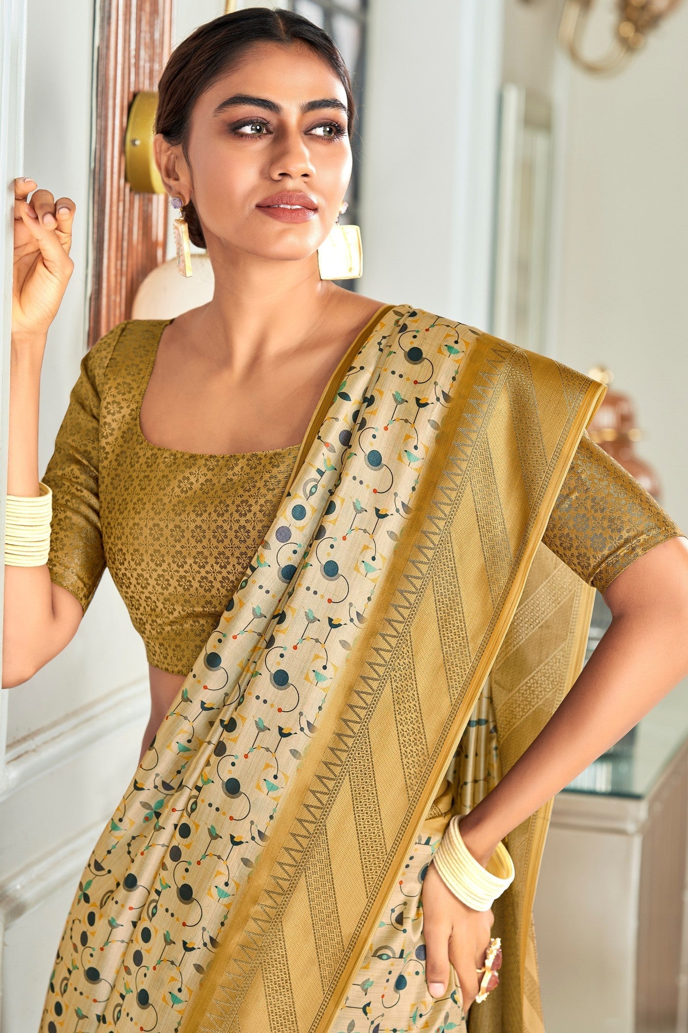 Twine Cream and Yellow Digital Printed Banarasi Saree