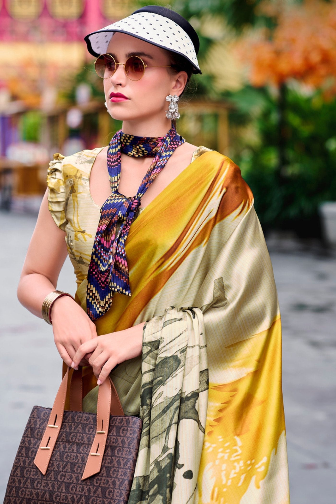 Copper Yellow Printed Satin Crepe Silk Saree