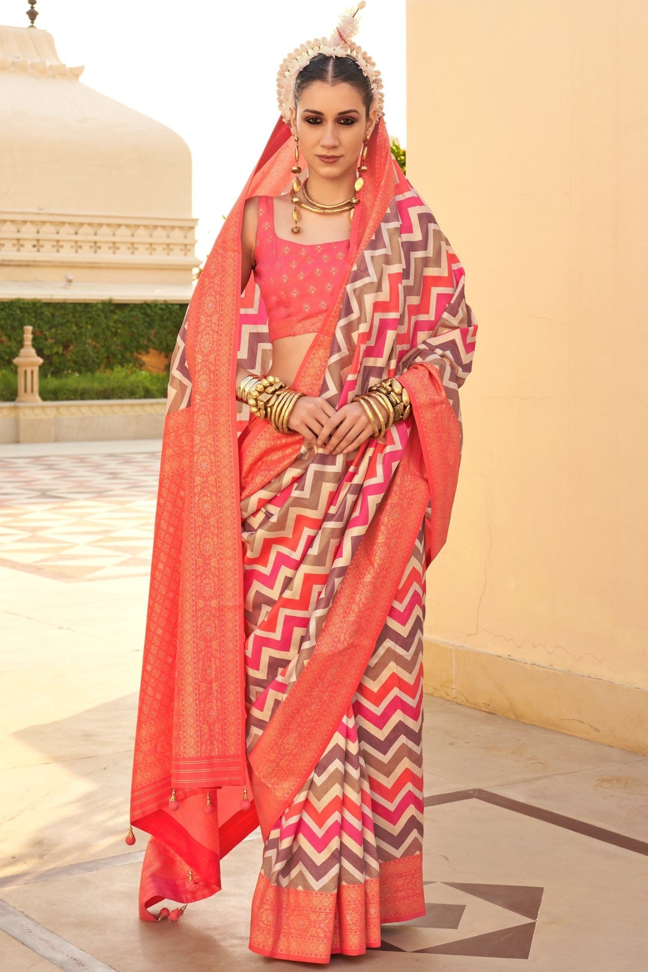 Pink Sherbert Woven Patola Printed Silk Saree