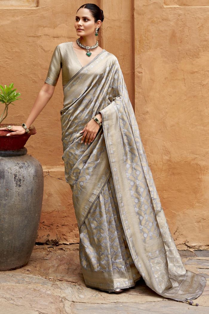 Silver Grey Woven Banarasi Saree