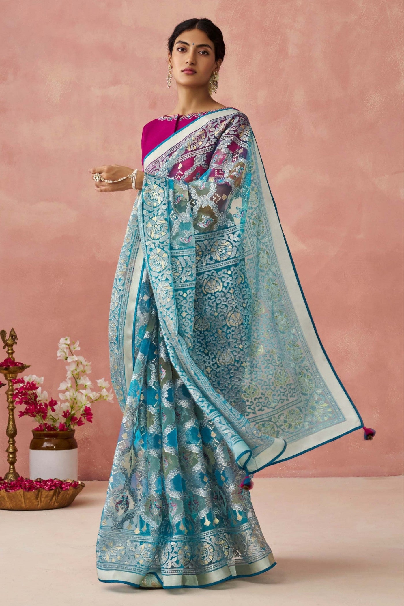 Juniper Blue and Pink Brasso Organza Printed Saree