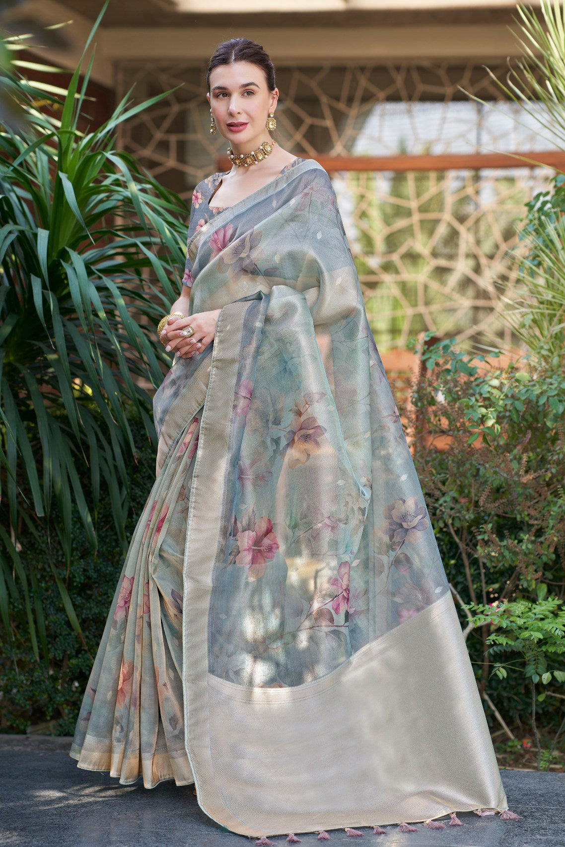 Venus Grey Digital Printed Organza Saree