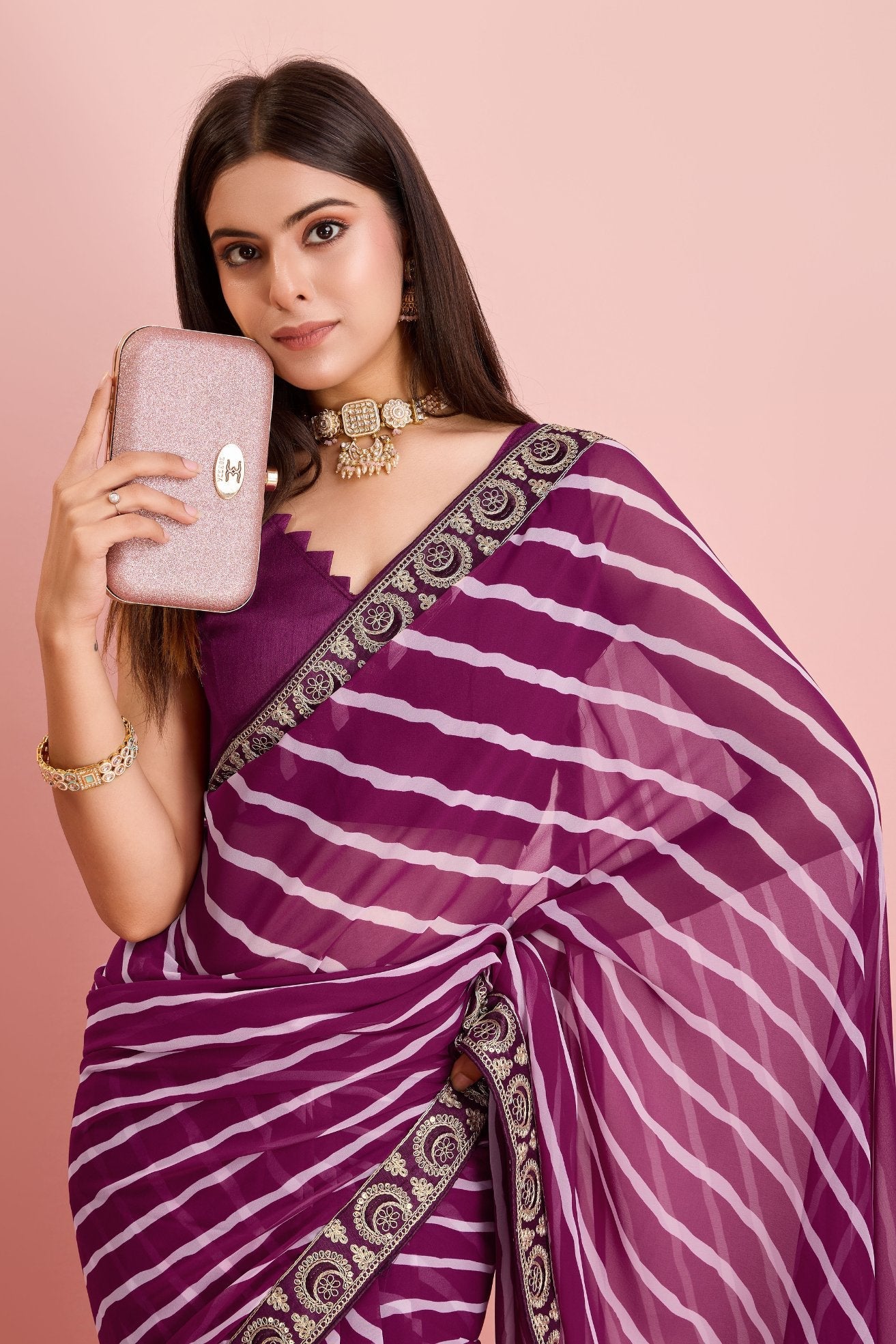 Claret Purple Georgette Lehriya Silk saree