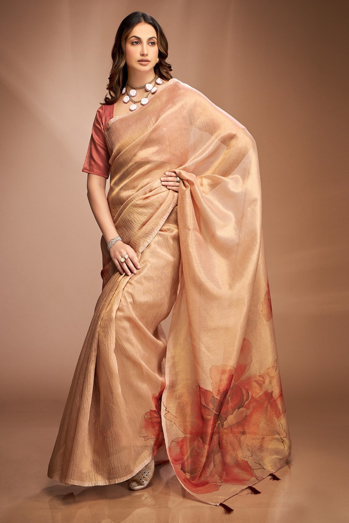 Alabaster Cream Printed Tissue Saree