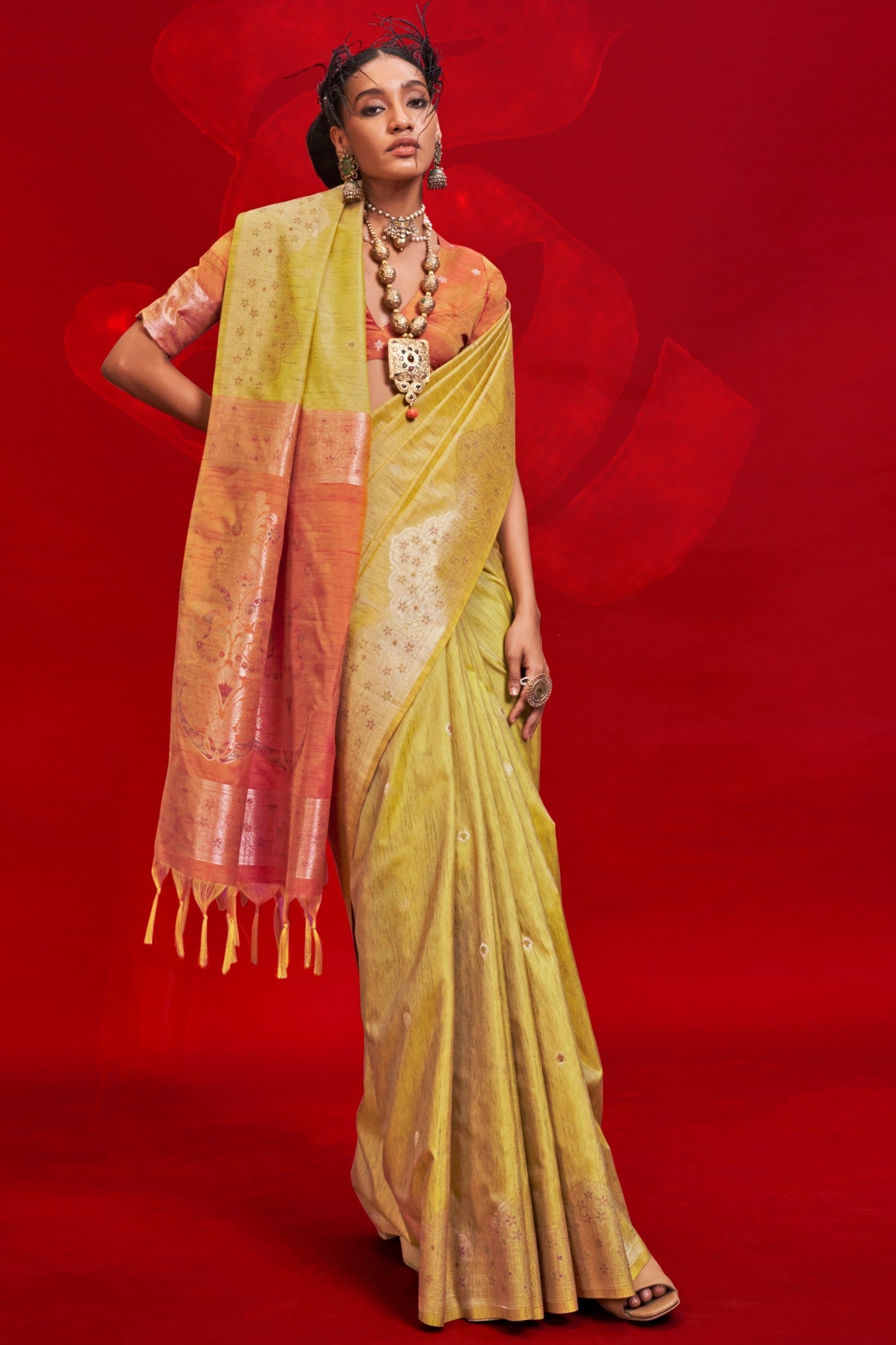 Luxor Gold Yellow Tussar Handloom Silk Saree