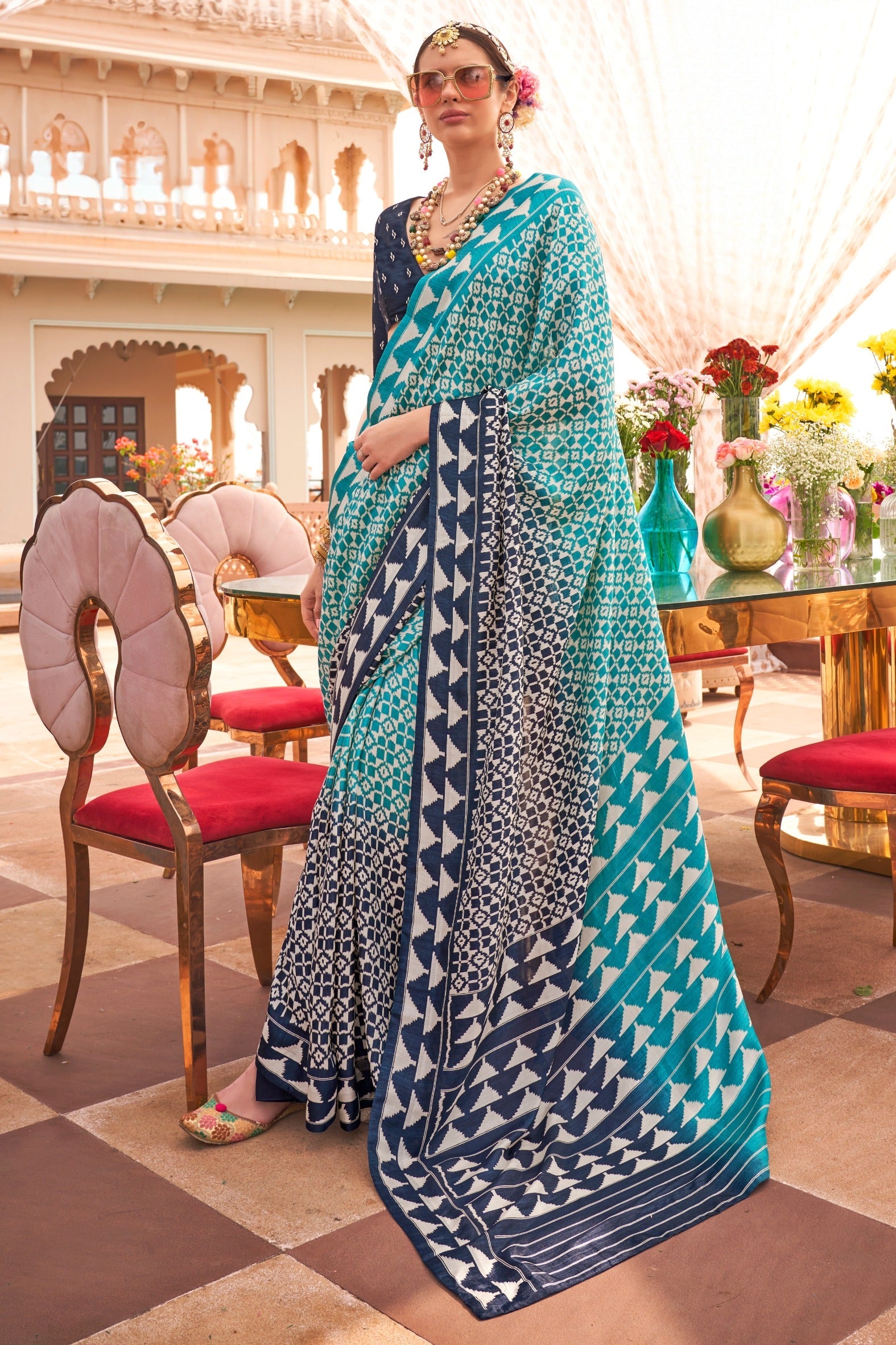 Cool Blue Printed Patola Saree