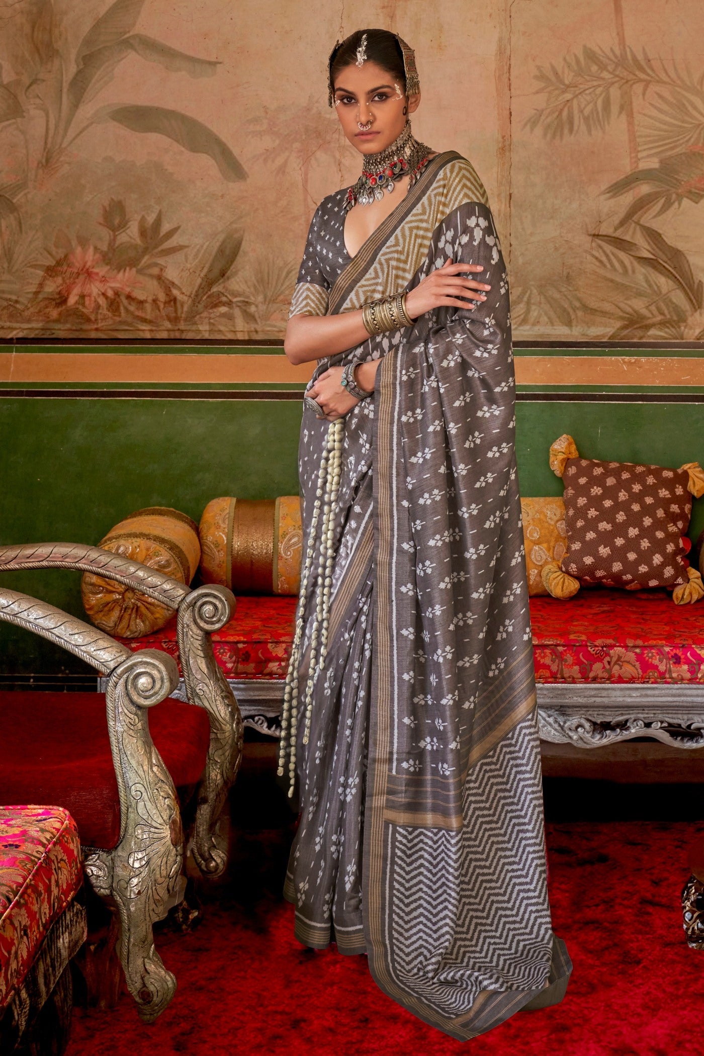 Spicy Grey Printed Patola Saree