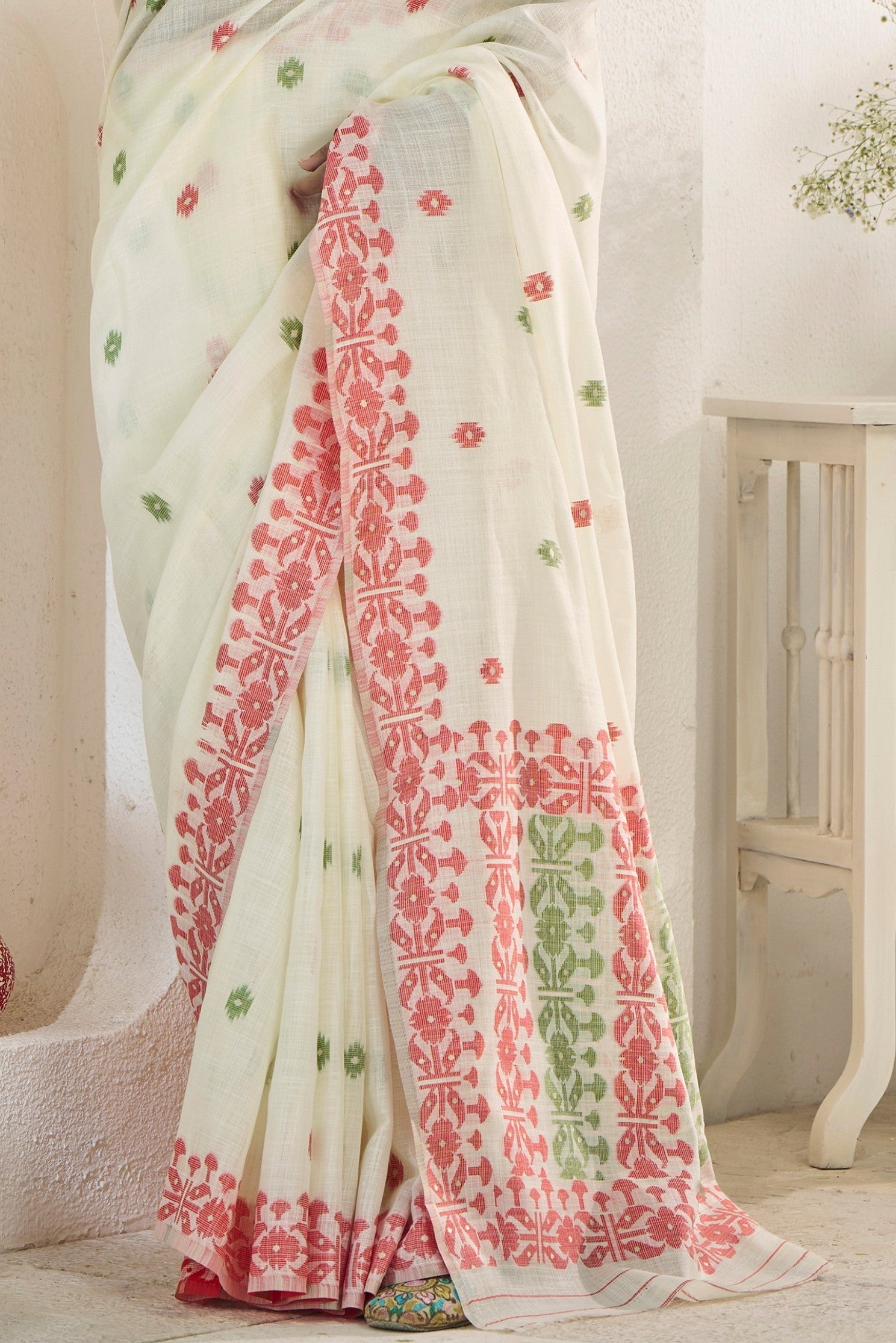 Albescent White Woven Linen Saree