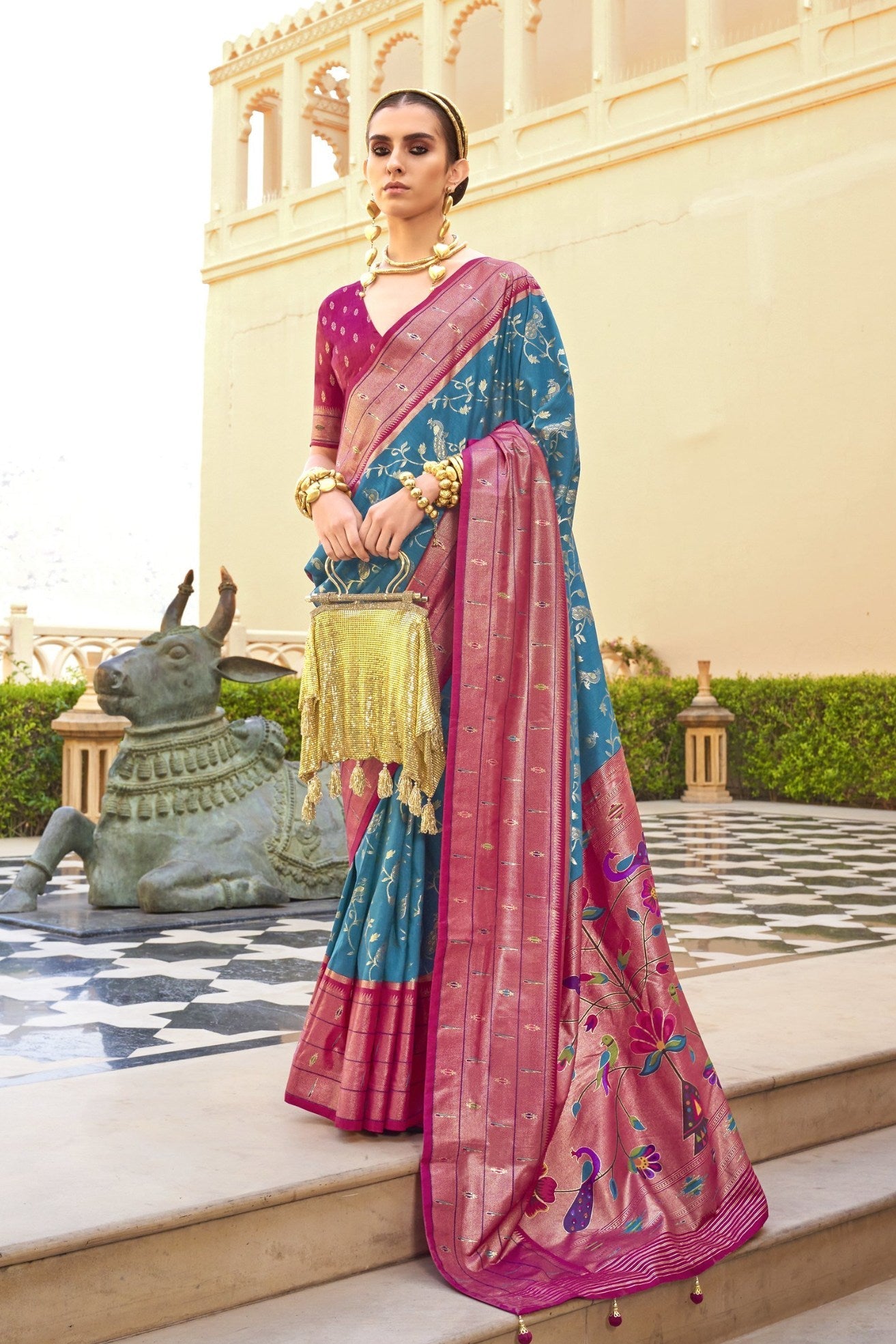 Boston Blue and Pink Woven Paithani Designer Saree