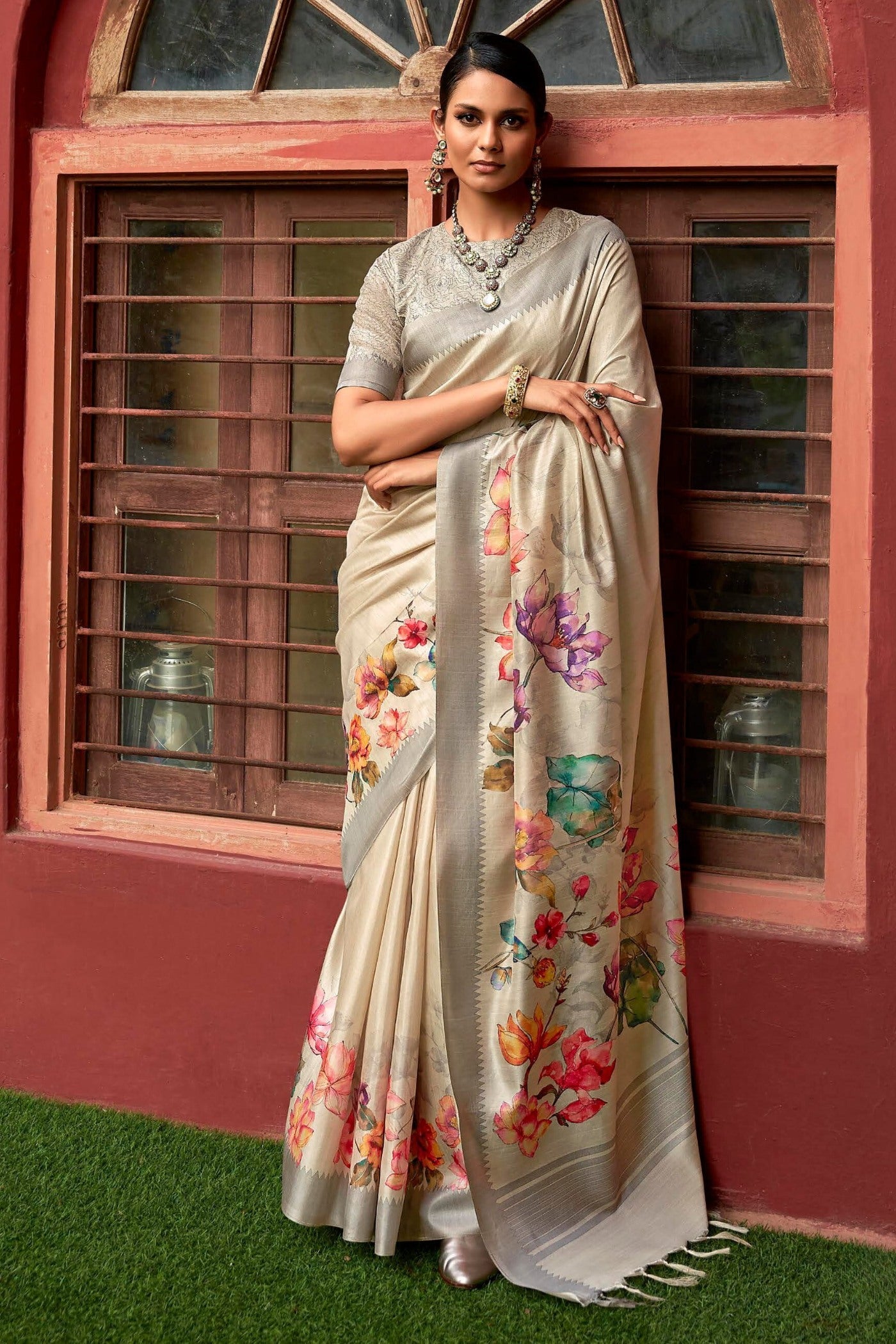 Akaroa Cream Digital Printed Banarasi Saree