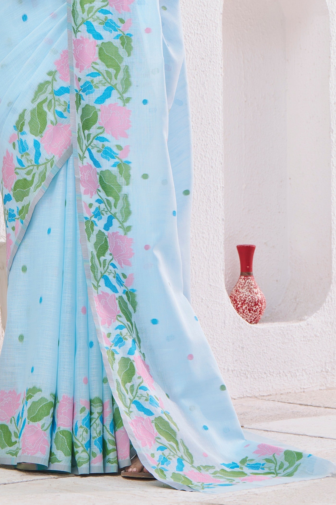 Morning Glory Blue Printed Linen Saree