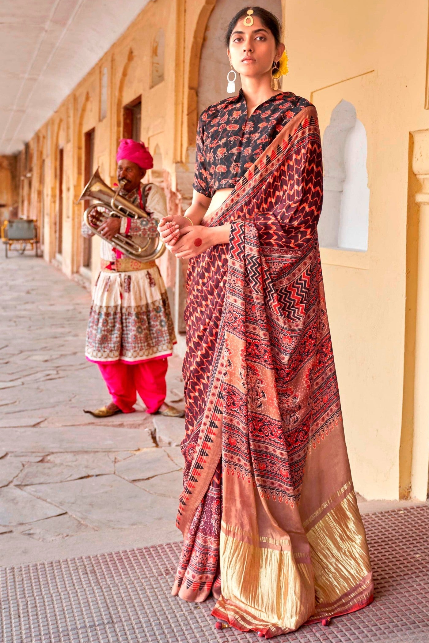 Sweet Brown Ajrakh Handprinted Satin Saree