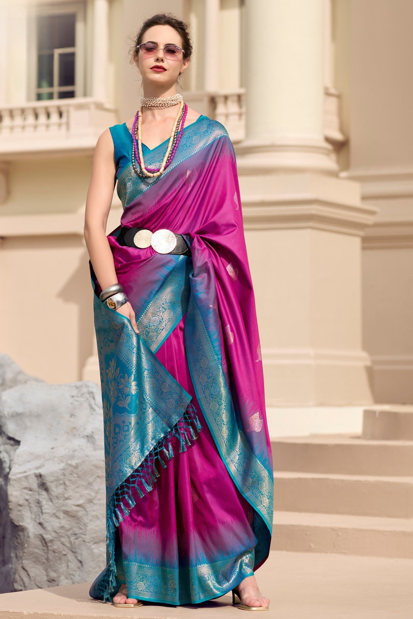 Cerise Purple Woven Banarasi Soft Silk Saree