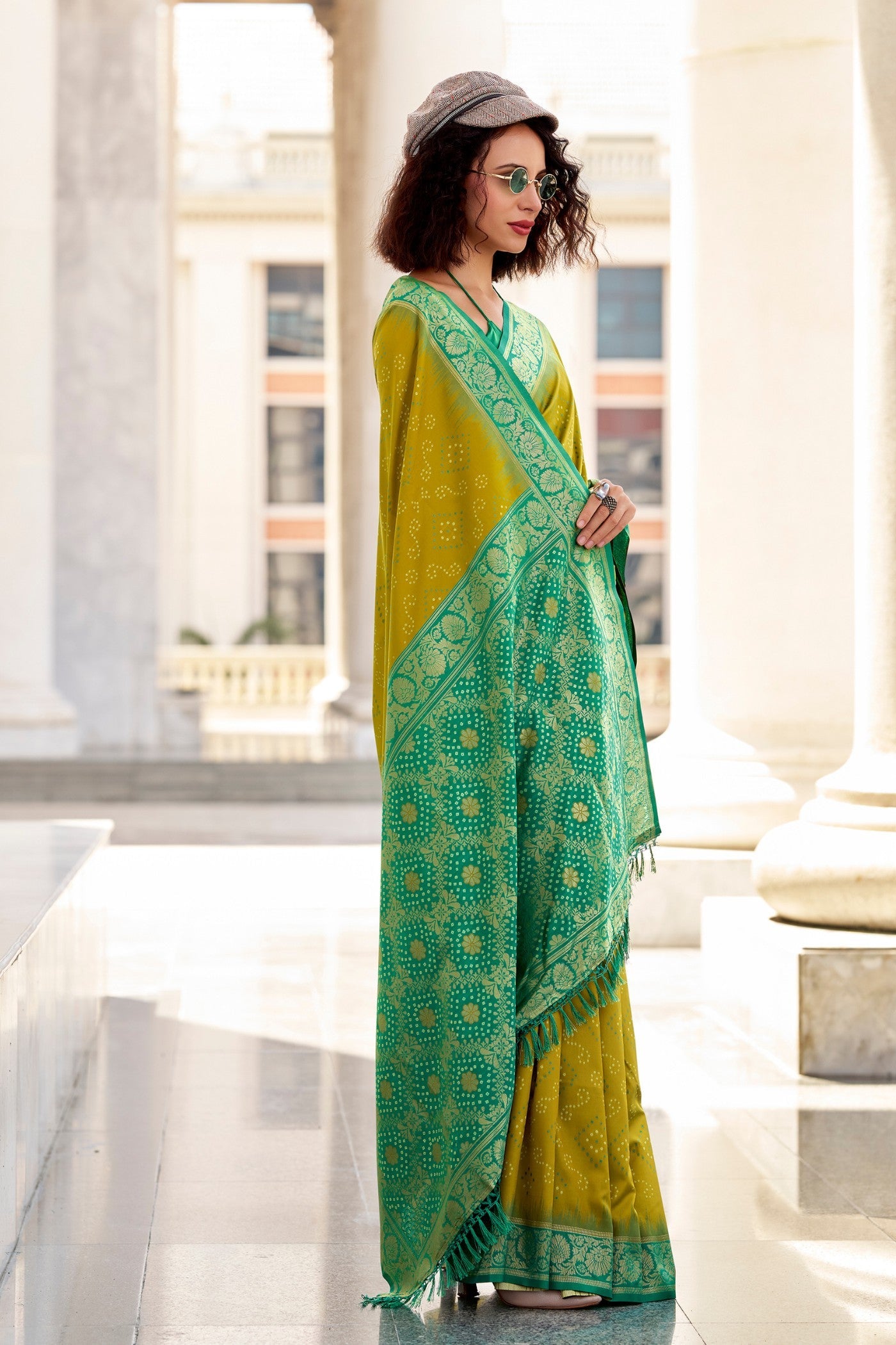 Corn Harvest Green Woven Banarasi Bandhani Soft Silk Saree