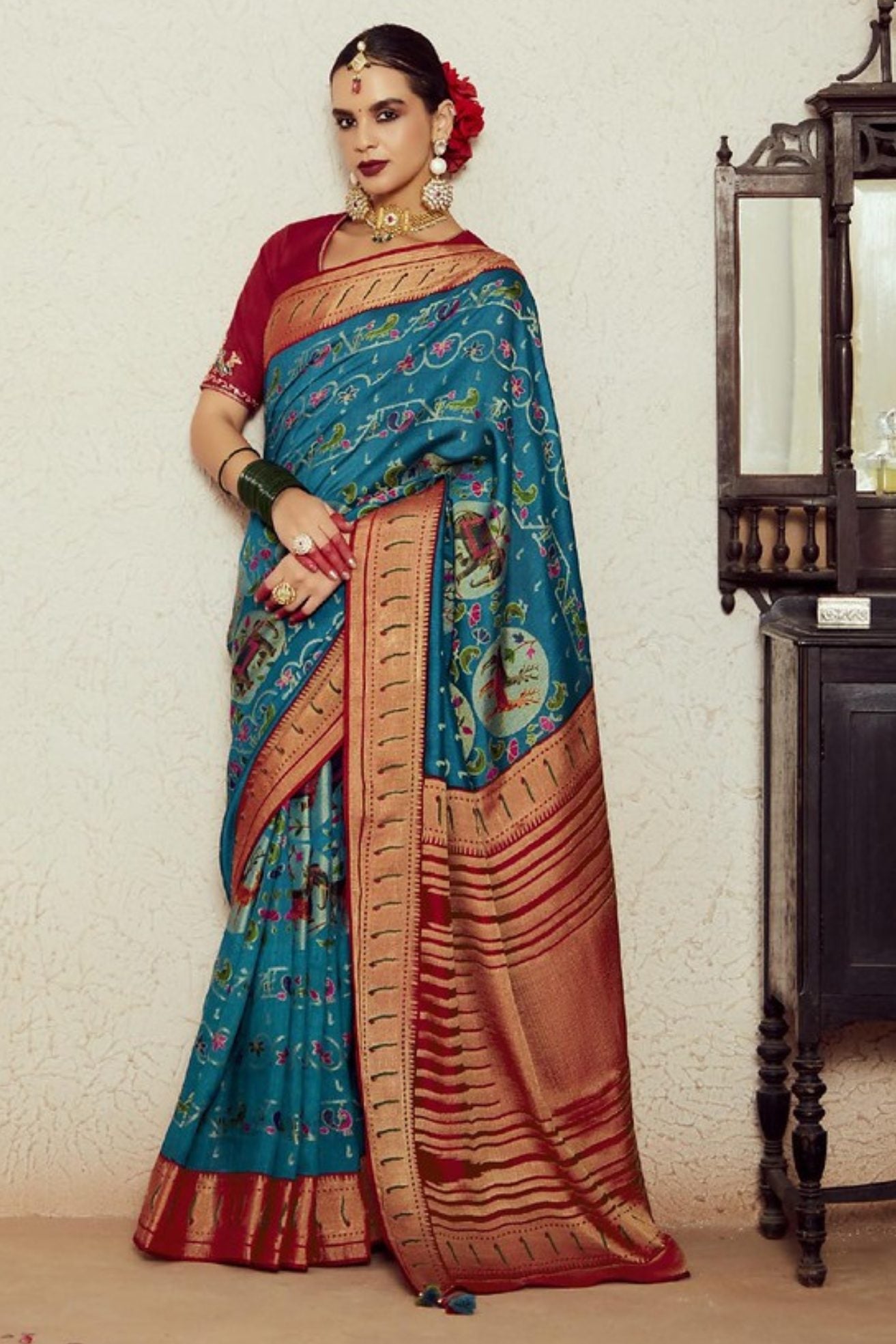 Calypso Blue Printed Brasso Soft Silk Saree