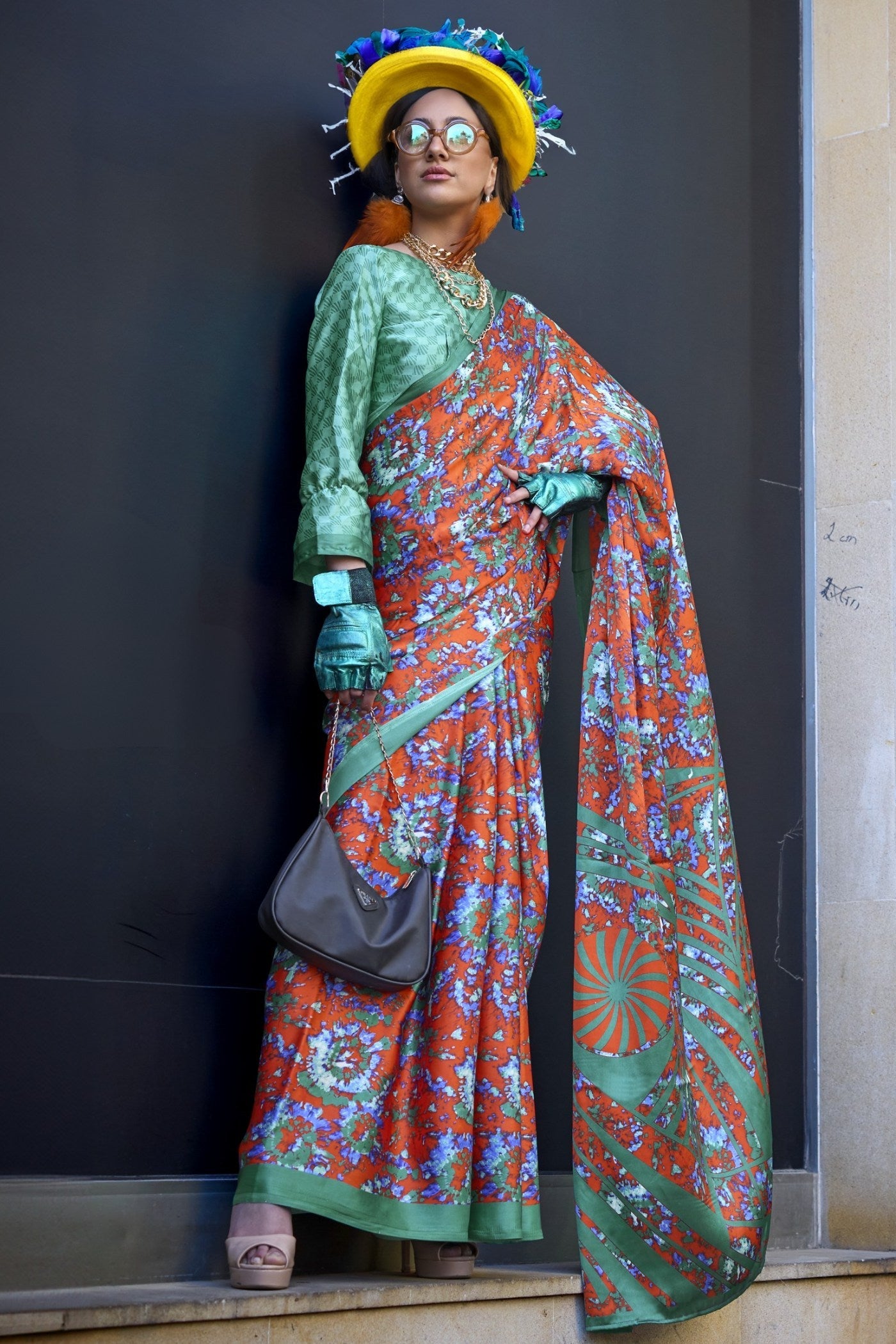 Squach Orange and Green Printed Satin Crepe Silk Saree