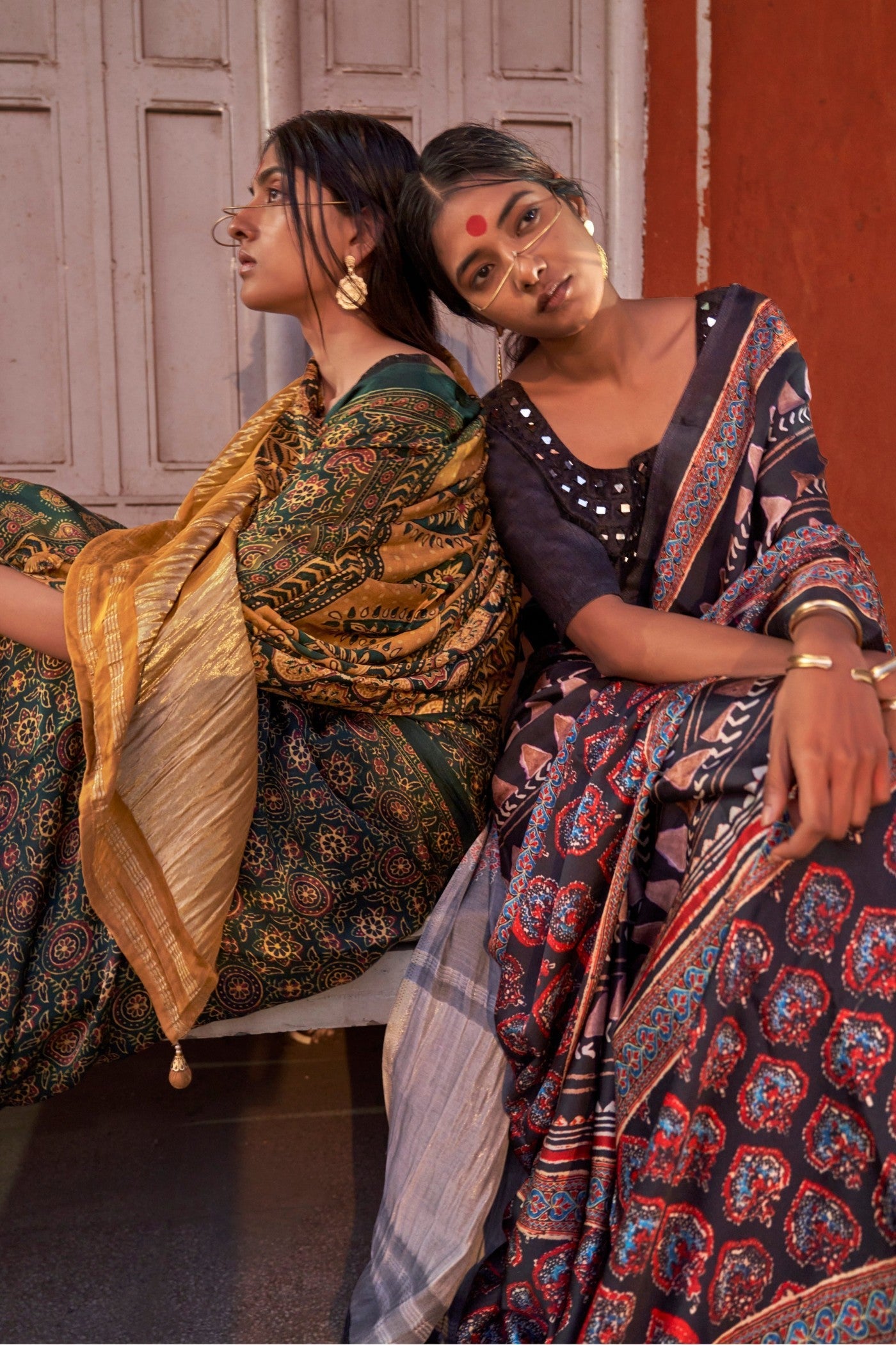 Berry Purple and Black Ajrakh Handprinted Satin Saree